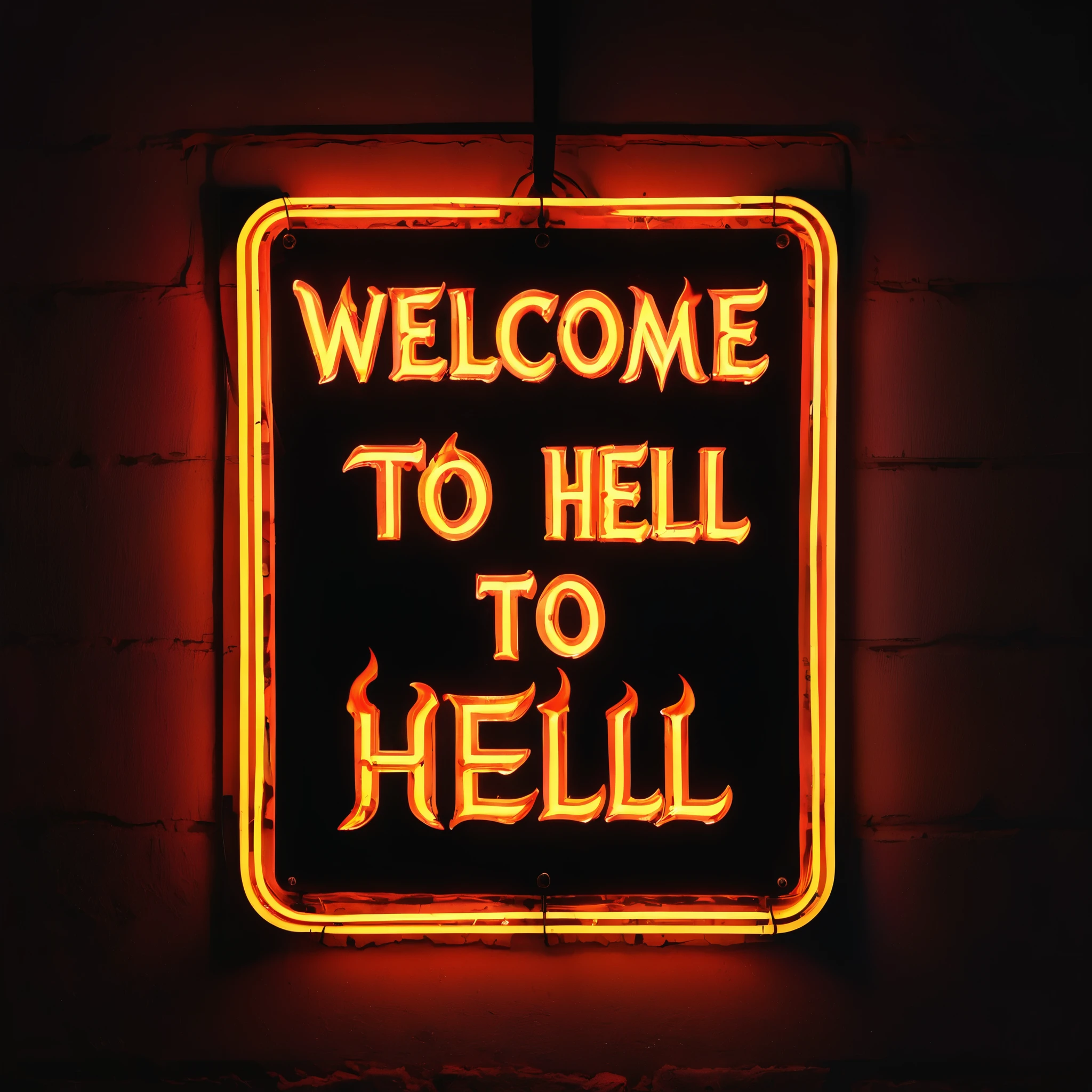 High Quality neon signboard, sign that says "Welcome to Hell" in italics, written in flames