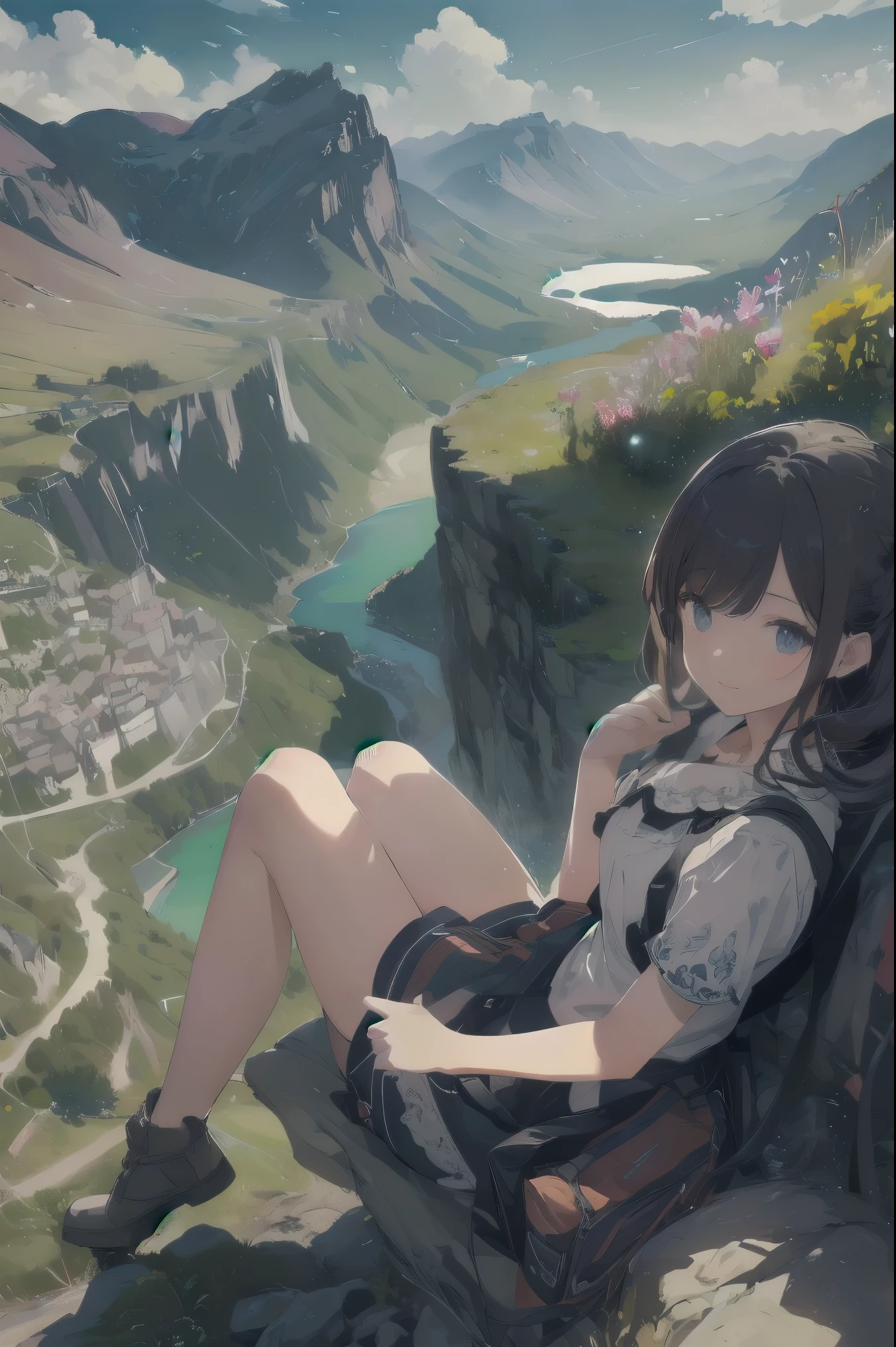 Super detailed、highest quality、 (A classic masterpiece:1.2) 、 (cute illustration:1.2) 、 (highest quality) 、 (detailed skin:1.3) 、 (intricate details) 、ray tracing、dramatic、pretty girl、Intrepid travelers navigate winding mountain roadarveled at the breathtaking views of the valley below。