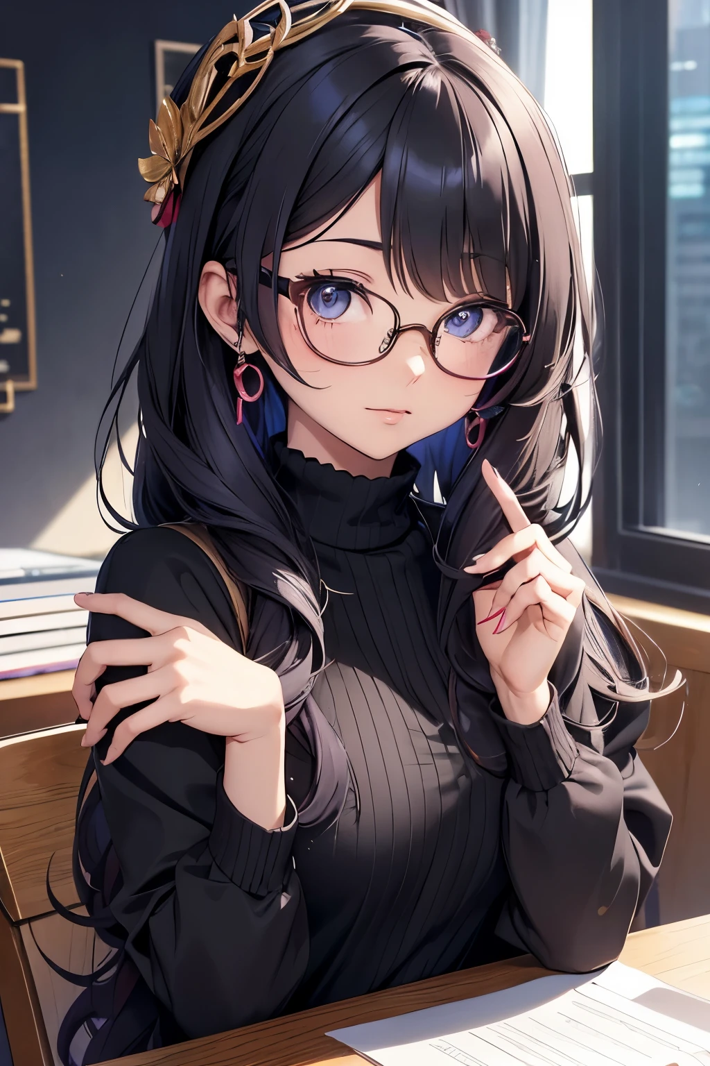 Anime girl with colossal glasses, captivating cuteness,
Exquisite facial features depicting the perfect face,
Three-dimensional glasses frames exaggerating big eyes,
Wearing an outfit unique to her anime style,
Adorned with intricate details and vibrant colors,
Large glasses lenses magnifying her emotions,
Naturally beautiful, with a gentle smile,
Sitting in front of a desk, lost in thought,
Light particles dancing around her,
A masterpiece created by a top-quality artist,
High resolution anime image, detail-rich and luxurious,
Glasses frames reflecting the artist's meticulousness,
Anime girl