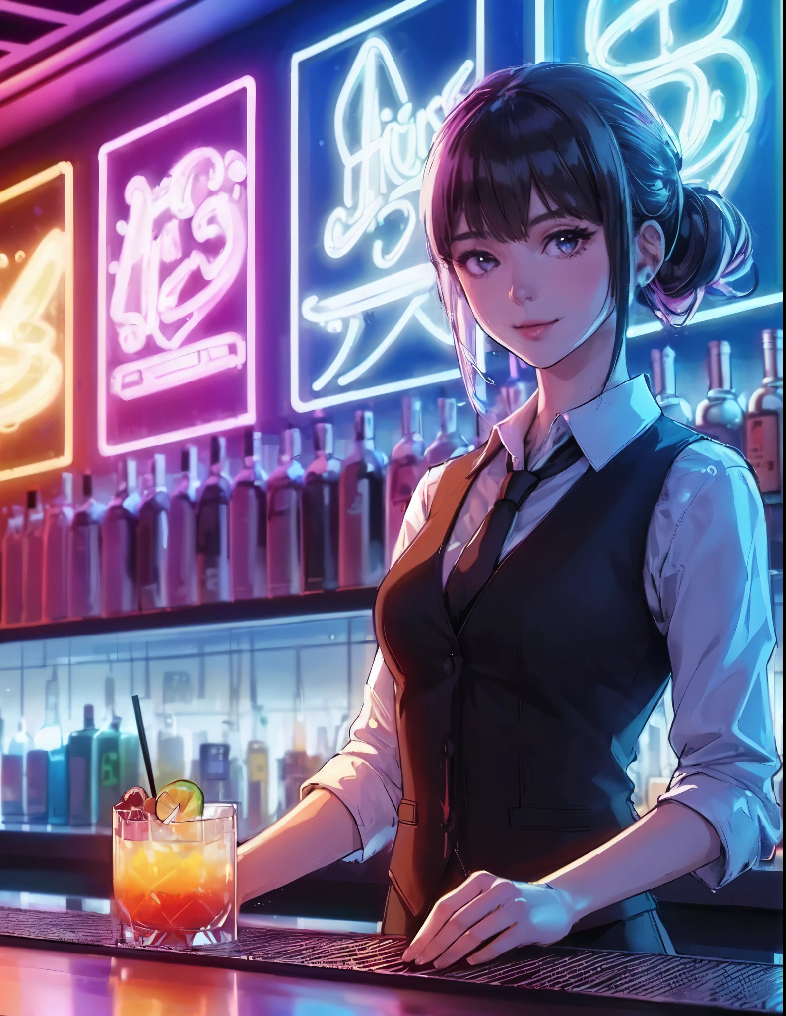 1lady solo, standing, bartender, (black vest over white dress shirt) tie, stylish outfit, mature female, /(black hair/), (light smile:0.8), (masterpiece best quality:1.2) delicate illustration ultra-detailed, medium breasts BREAK ((colorful neon signs:1.2 on wall), (neon tube) glowing BREAK (fashionable bar counter) indoors, ((cocktail glass) filled with colorful liquor), (dimly lit room), liquor bottles, detailed background