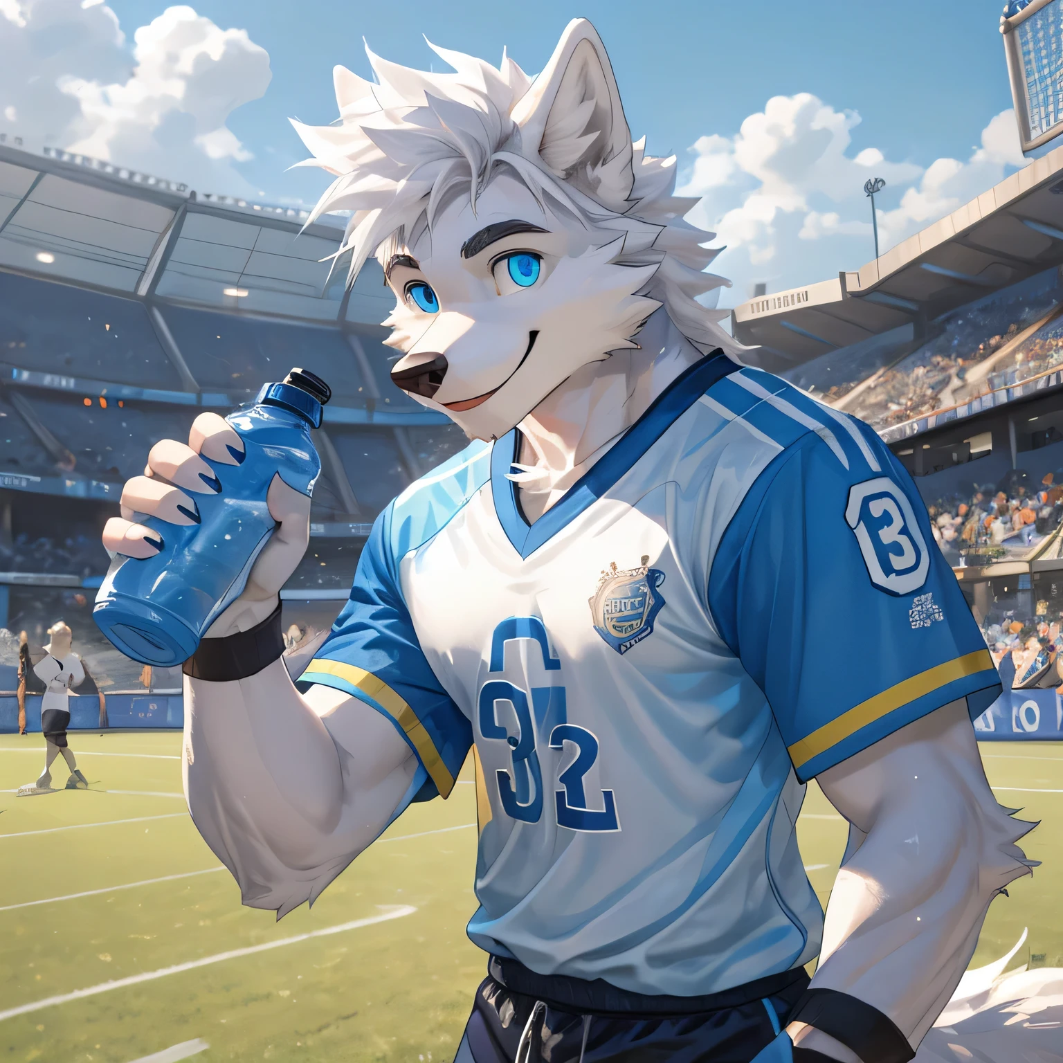 4K ， white wolf，，male，light blue pupils，white hair，cheerful smile，Lovely，On the school sports field，clear sky，Wear sportswear，holding water bottle