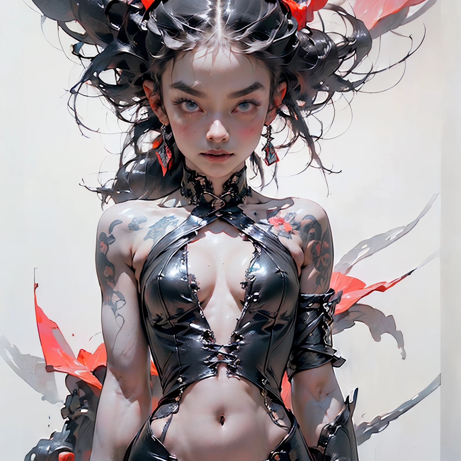 (((Create one girl 16+ years old.), (close-up), (stands all tall)), ((Dark and mysterious), (Night, rain blood, gothic anime girl)))_(((Gothic unusual masterpiece art)),((ominous clouds, hauntingly beautiful, ethereal moonlight, eerie shadows))_(((Little , miniature, chibi, full-length)),((miniature-graceful body, full-length - standing) , (beautiful figure, half-turn)_(16+ years)))_(((Cute girl, small peach breasts, graceful figure, narrow waist, smooth hips)),((long double braids),(tight braids) , (braided hair),(dark hair)),((red lips)), ((smile)))_ ((((Shiny skin:1.5, white skin, light skin: 1.5)),((sexy), (erotic),(cute, kawaii)(nsfw)))_(((Bare shoulders, black lace dress)),(((black chiffon dress, very short dress, tight-fitting), (black), (sheer lace dress) ),((stands almost completely naked, tattoos)))_(((Arms in elbow pads, palms in tactical gloves),(bare thighs, stomach)),((legs in combat knee pads, thigh-high stockings)), (( chunky leather lace-up boots)))_(((Impressive artistry, exquisite details, gothic architecture, dramatic lighting, vibrant red hues, ominous figures, strange symbols, surreal elements))_((Strong contrasts, eerie, artistic masterpiece, detailed textures, dark color palette, foreboding horror), (alien flowers, skulls))_((Digital painting, anime style, cyberpunk), (best quality, 4k, high resolution, masterpiece: 1.2)),((ultra detail)) ,((realistic, photorealistic, photorealistic: 1.37)))_(((Soft clear shapes, broad strokes, attention to detail)))_(((High quality, 16K | Ultra HD | Full HD))).