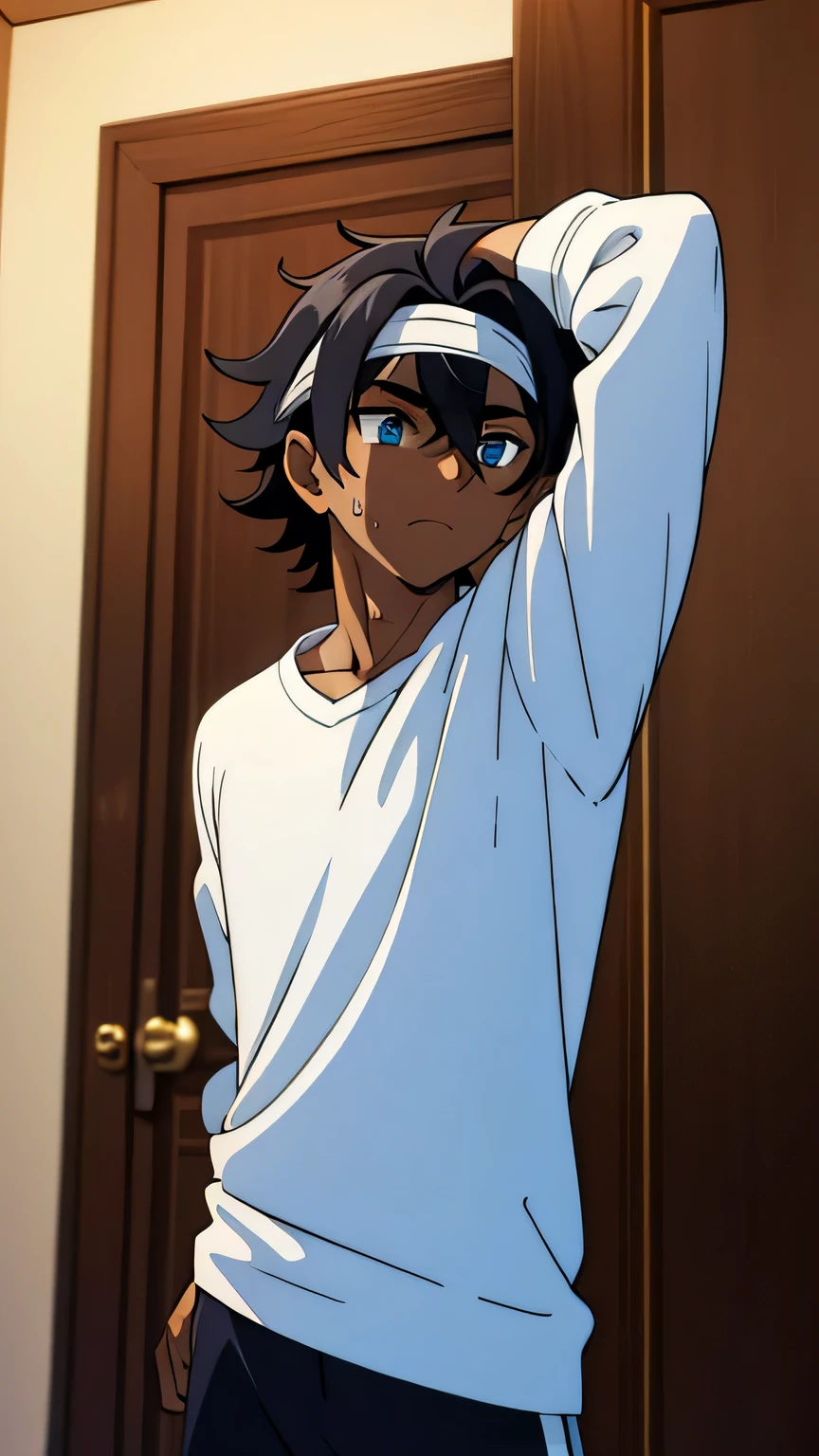 Boy, , dark skin, black hair, messy hair, blue eyes, long-sleeved shirt, sweatpants, white headband, muay thay.