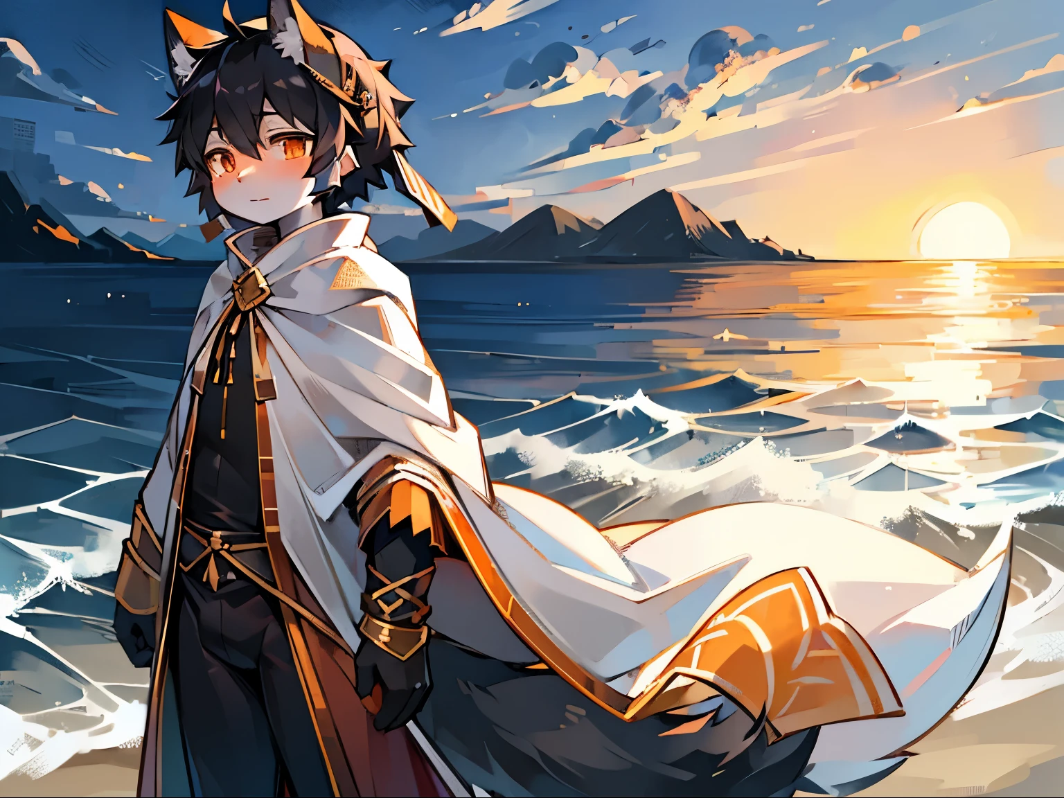 A black-haired wolf,Orange pupils,white robe,orange decoration,seaside,beach,sea,vast sky,flowing robe,Lovely shota,white skin,站在beach上,sunset,Dusky sky,面对sea,short hair,蓬松的black tail,Orange texture,headgear,knight,orange color shirt,black tail,white cloak