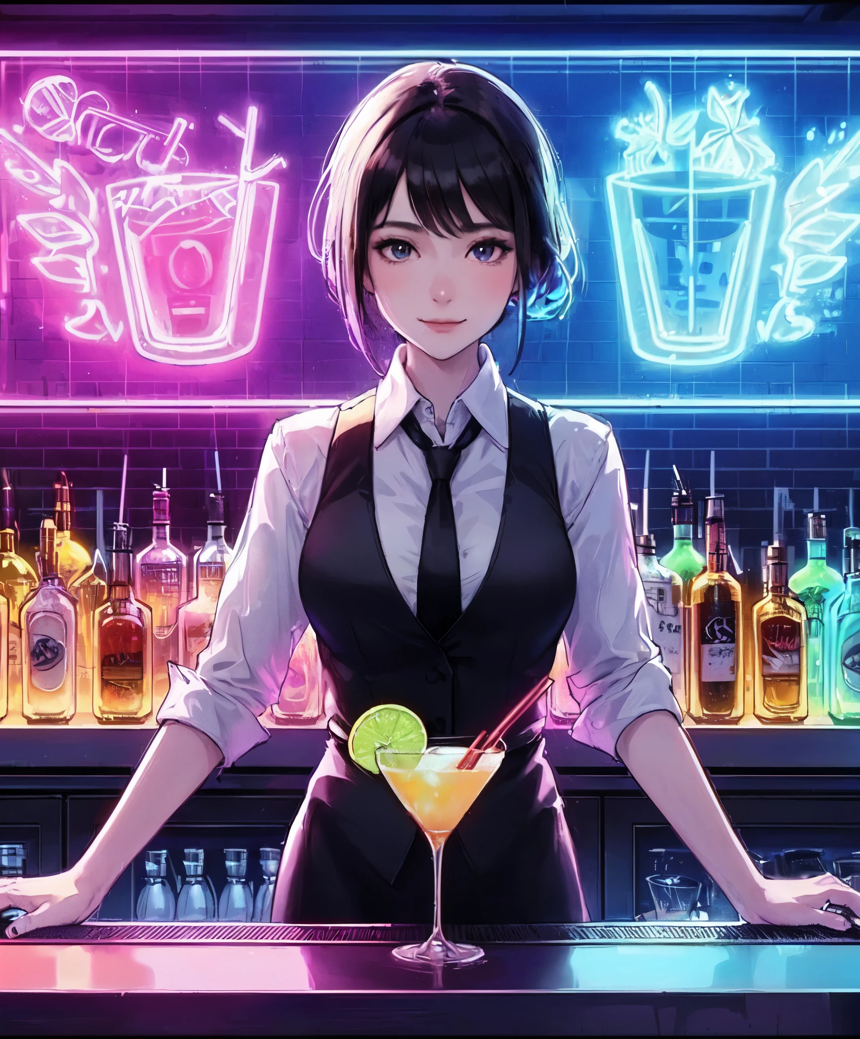 1lady solo, standing, bartender, (black vest over white dress shirt) tie, stylish outfit, mature female, /(black hair/), (light smile:0.8), (masterpiece best quality:1.2) delicate illustration ultra-detailed, medium breasts BREAK ((colorful neon signs:1.2 on wall), (neon tube) glowing BREAK (fashionable bar counter) indoors, ((cocktail glass) filled with colorful liquor), (dimly lit room), liquor bottles, detailed background