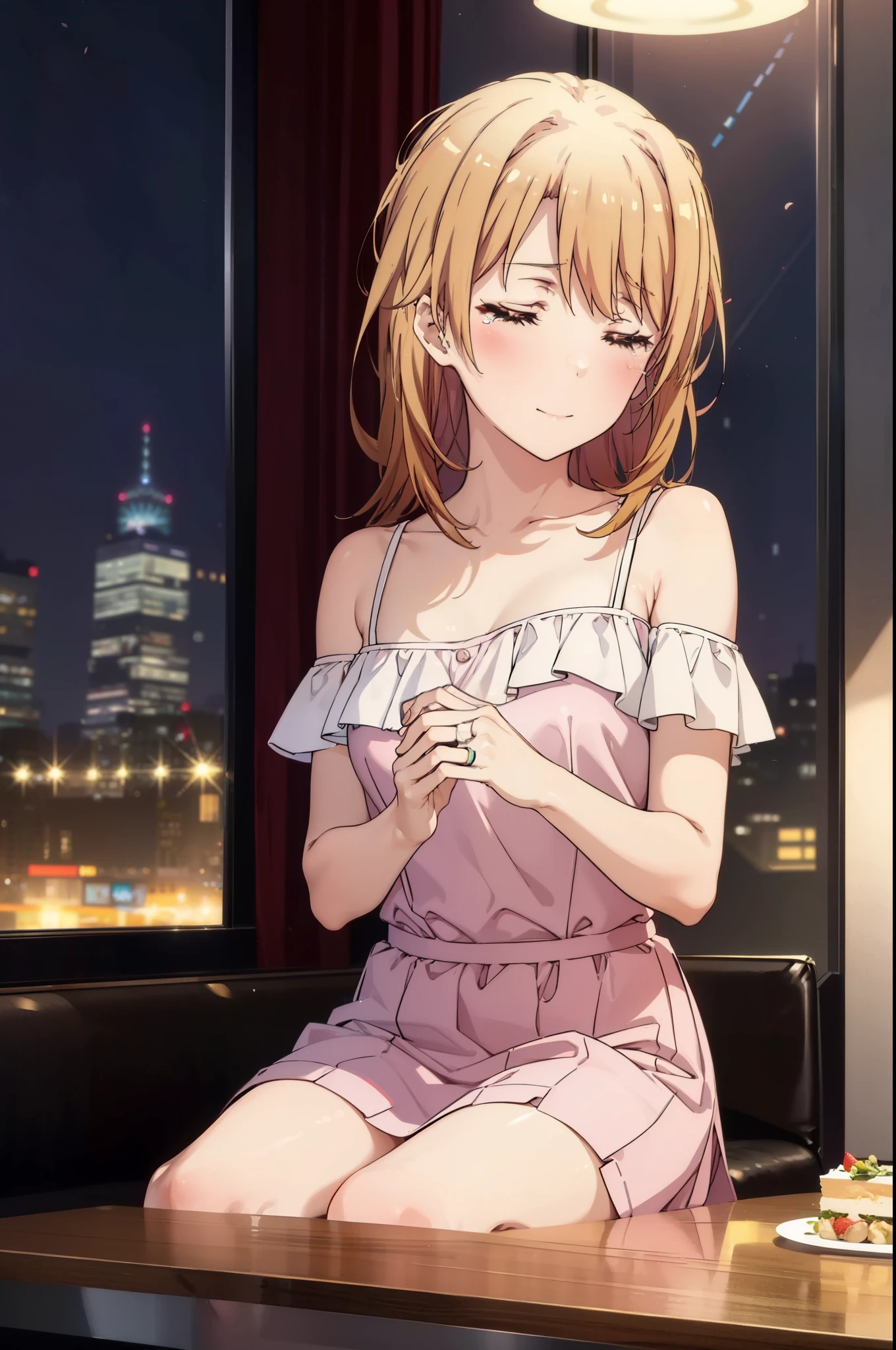 irohaisshiki, iroha isshiki, long hair, brown hair, smile,blush,open your mouth,close both eyes,tears run down her face,Crying with joy,cry a lot,white off shoulder dress,bare clavicle,bare shoulders,naked neck,long skirt,stiletto heels,A large cake, food, and ring case are placed on the table.,sitting in a chair,confetti,ロマンチックな雰囲気
break indoors, A restaurant with a beautiful night view,
break looking at viewer,
break (masterpiece:1.2), highest quality, High resolution, unity 8k wallpaper, (figure:0.8),  highly detailed face, perfect lighting, Very detailed CG, (perfect hands, perfect anatomy),