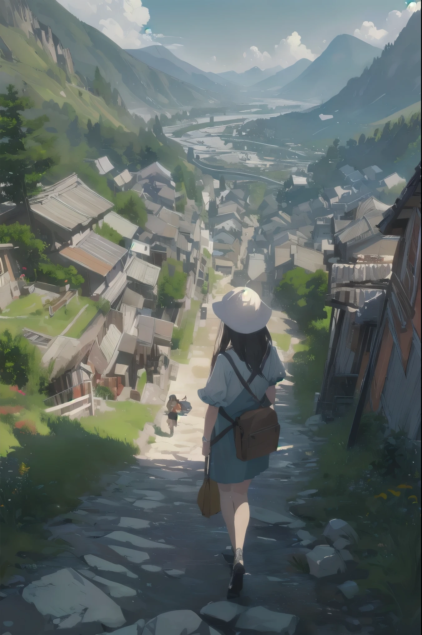Super detailed、highest quality、 (A classic masterpiece:1.2) 、 (cute illustration:1.2) 、 (highest quality) 、 (detailed skin:1.3) 、 (intricate details) 、ray tracing、dramatic、pretty girl、Intrepid travelers navigate winding mountain roadarveled at the breathtaking views of the valley below。
