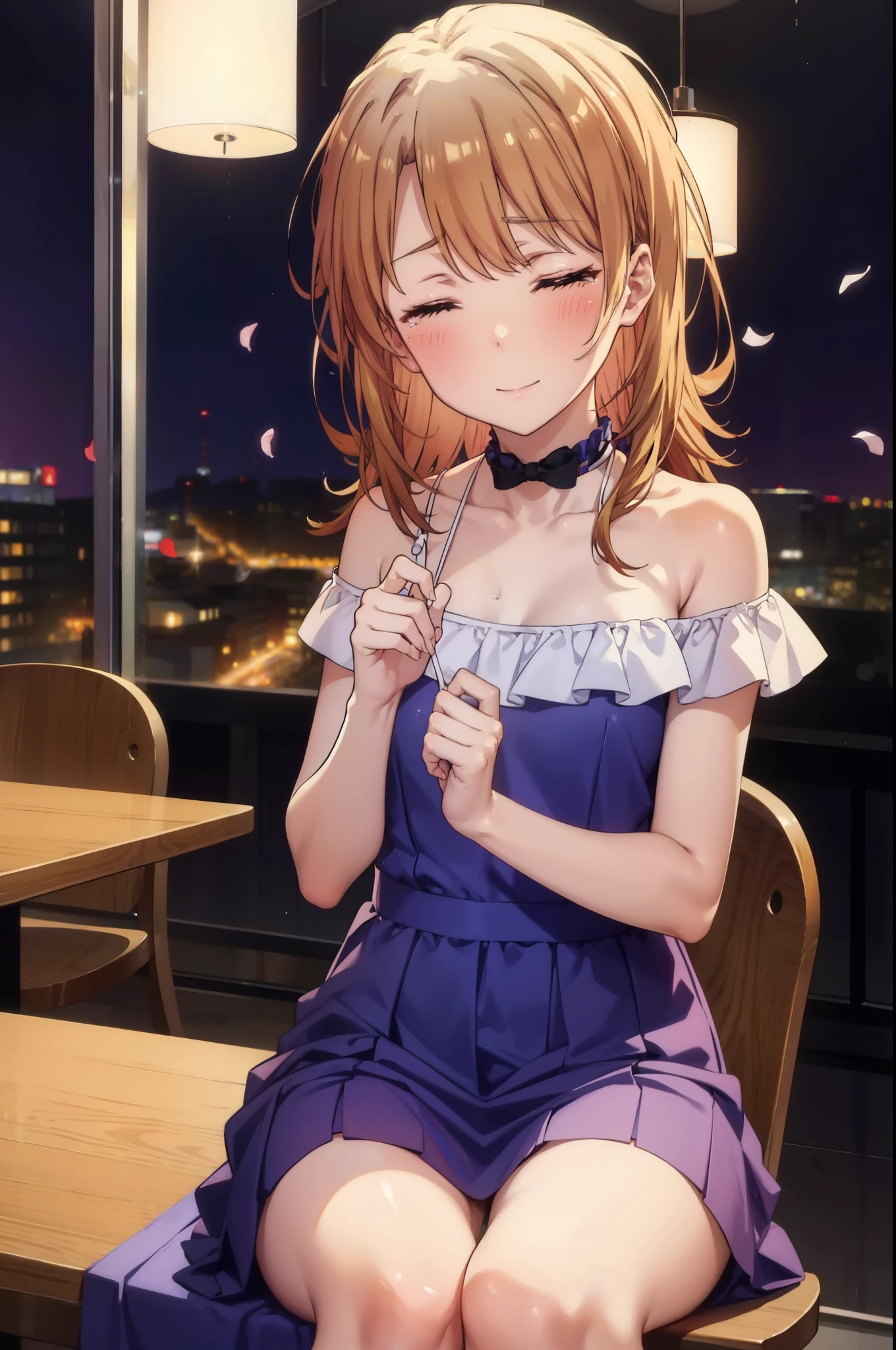 irohaisshiki, iroha isshiki, long hair, brown hair, smile,blush,open your mouth,close both eyes,tears run down her face,Crying with joy,cry a lot,white off shoulder dress,bare clavicle,bare shoulders,naked neck,long skirt,stiletto heels,A large cake, food, and ring case are placed on the table.,sitting in a chair,confetti,ロマンチックな雰囲気
break indoors, A restaurant with a beautiful night view,
break looking at viewer,
break (masterpiece:1.2), highest quality, High resolution, unity 8k wallpaper, (figure:0.8),  highly detailed face, perfect lighting, Very detailed CG, (perfect hands, perfect anatomy),