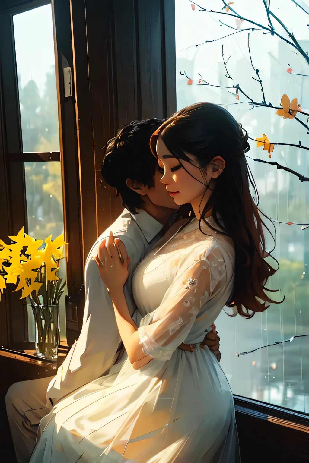 
(A man with his window wide open,female:1.3), [spring rainy:1.2], (I put my arms around the window:1.3), ((A man hugs a woman:1.3)),(Enjoying the rainy scenery:1.3), (Wearing a dress:1.3), (buttocks are beautiful:1.2), [spring beauty:1.1], (Forsythia is blooming:1.3), (large cherry tree:1.2), [mountain in front:1.1], [showing the whole body:1.2], , (Romantic atmosphere:1.2), (Gia and Shashi inspiration:1.2), (lovely couple:1.3), (romantic lead:1.1), (Cinematic atmosphere:1.2), (This much love:1.3), (Ruan Jia and Brom:1.2), (feelings of love:1.1)