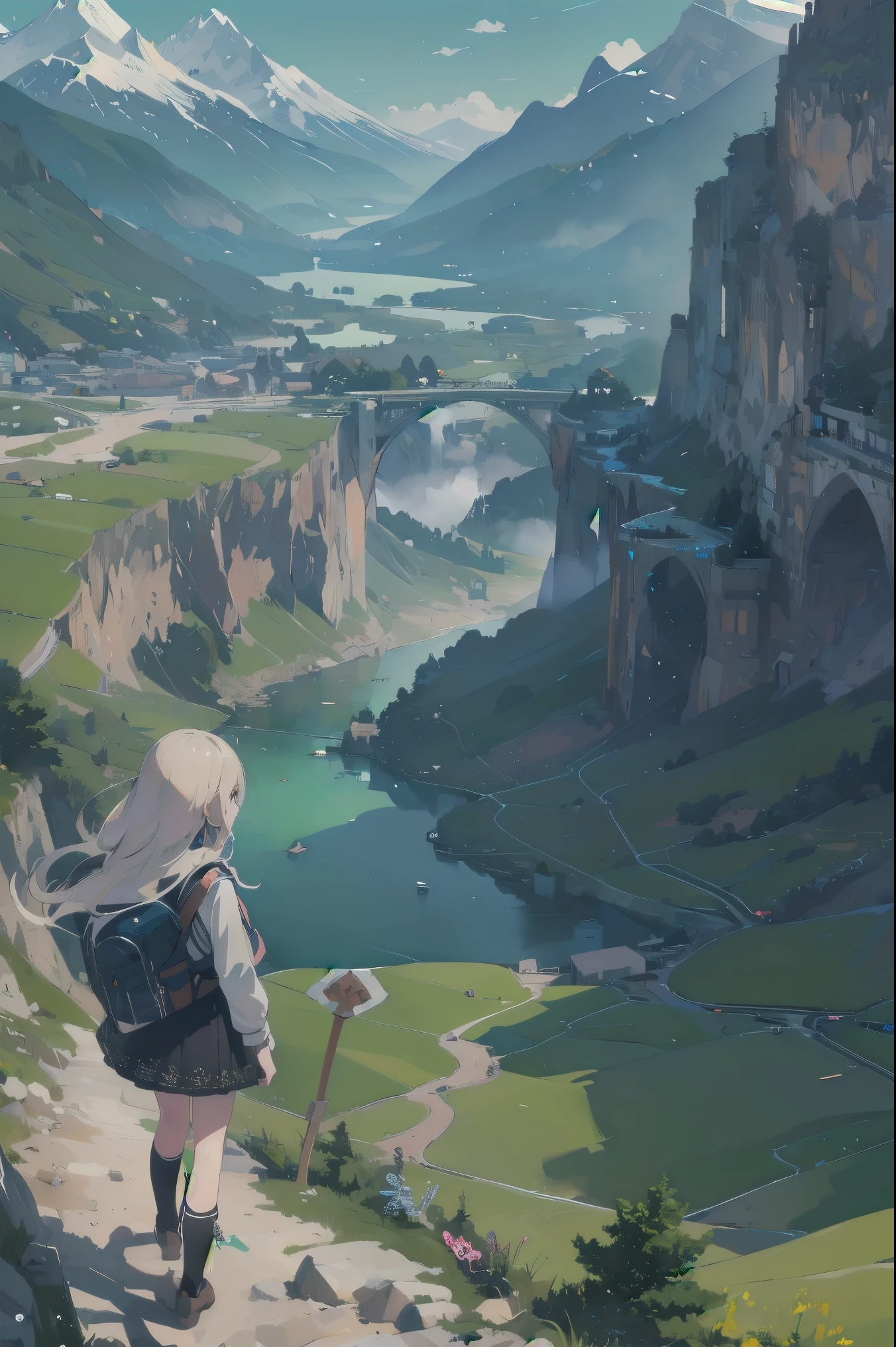Super detailed、highest quality、 (A classic masterpiece:1.2) 、 (cute illustration:1.2) 、 (highest quality) 、 (detailed skin:1.3) 、 (intricate details) 、ray tracing、dramatic、pretty girl、Intrepid travelers navigate winding mountain roadarveled at the breathtaking views of the valley below。