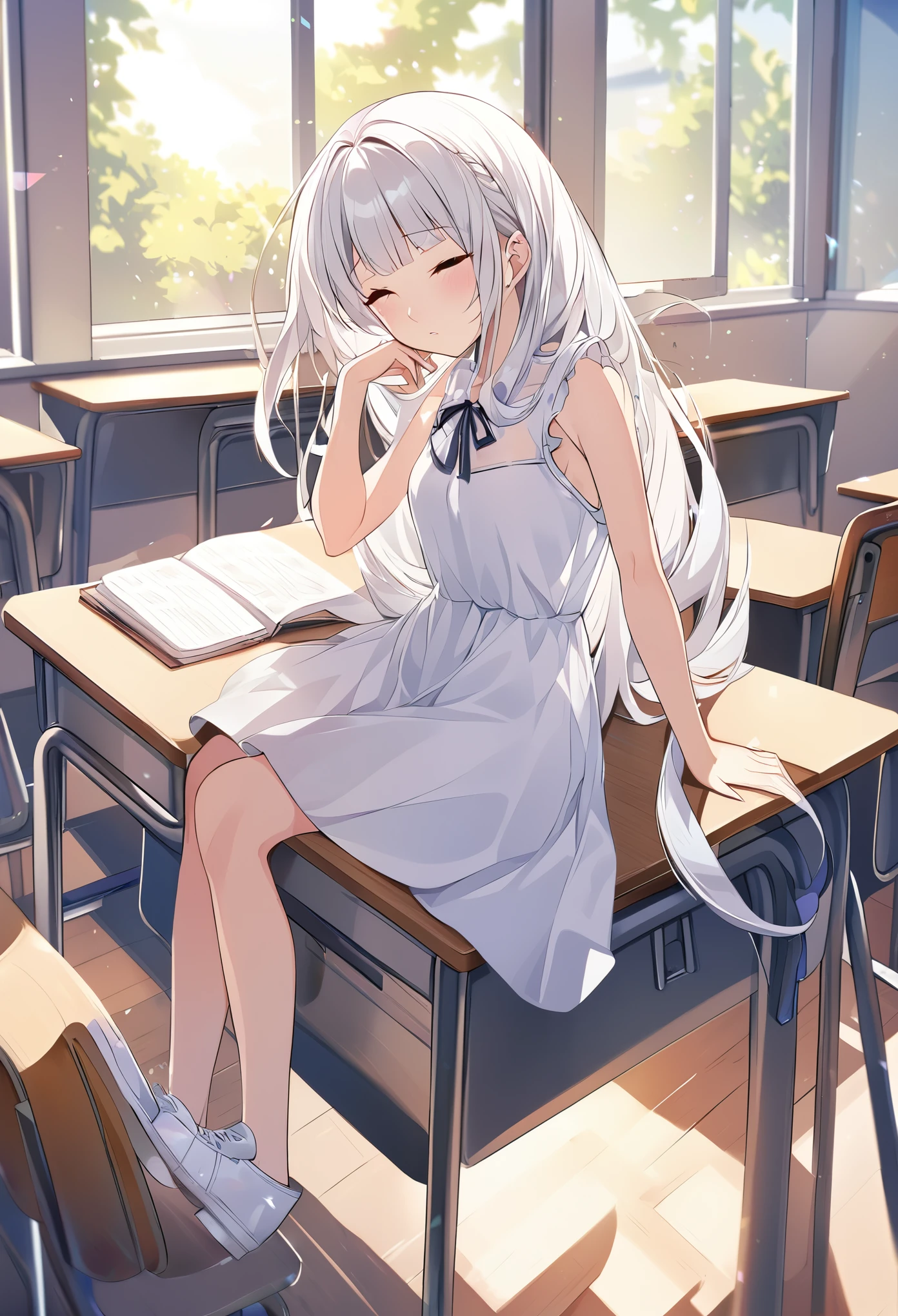 girl,white silk,white hair,white dress,white shoes,classroom,Sleep on your desk,((cute))