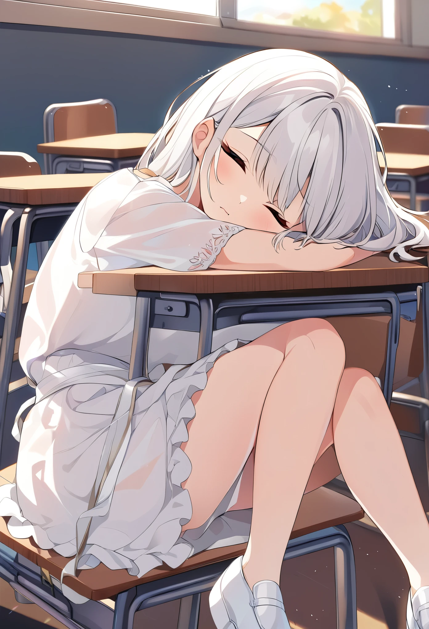 girl，white silk，white hair，white dress，white shoes，classroom，Sleep on your desk，((cute))