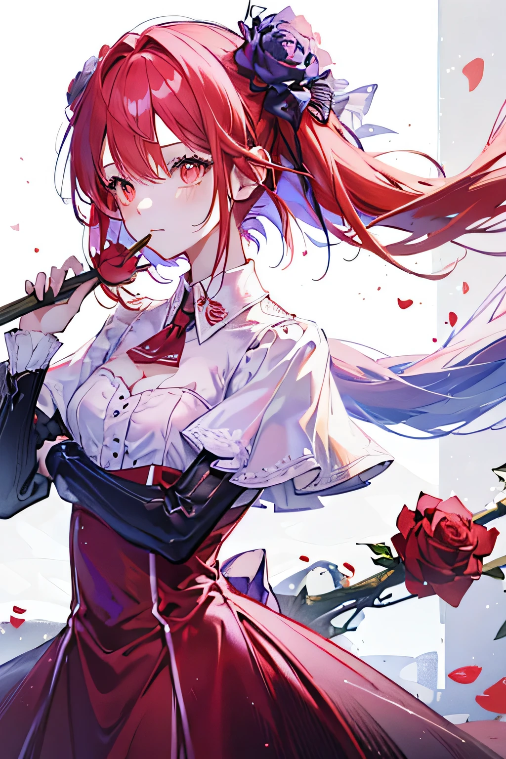 (highest quality, masterpiece), (1 girl, alone, red dress, Are standing , Red hair, red eyes, holding a rose, closed mouth, Upper body), (purple rose flower)