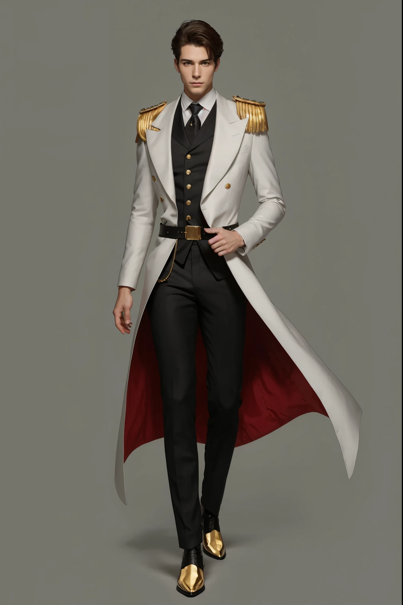 reference sheet: 1.8, great details, high quality, masterful work, Tall Boy, Beautiful face, long pants, art in boots, (masterpiece, A high resolution, high quality: 1.2), complex parts, cinematic lighting, clear focus, depth of field, White coat, black pants, black shoes with gold toe, Gold Elements, brunette, an aristocrat,