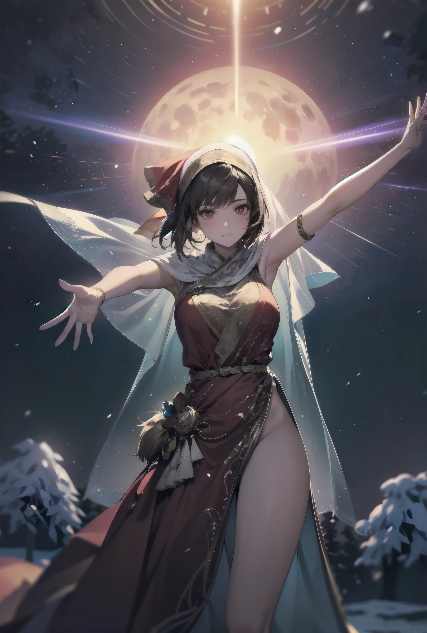(Female): alone, (perfect face), (detailed costume), (12 years old), traveller, (very pretty), curious, observing expression, (outstretched arms), brown hair, bob cut, side ponytail, red eyes, light skin, medium bust, (Arabic dress), (headscarf), (veil) ( Background): front view, tundra, frozen plain, snow covered trees, frozen lake, aurora borealis, night, transparent (Effects): (Masterpiece), (Top quality), (Sharp focus), (Depth of field), (High resolution), artistic realistic illustration, fantasy effects, steam, seven-colour fluorescent luminous particles group