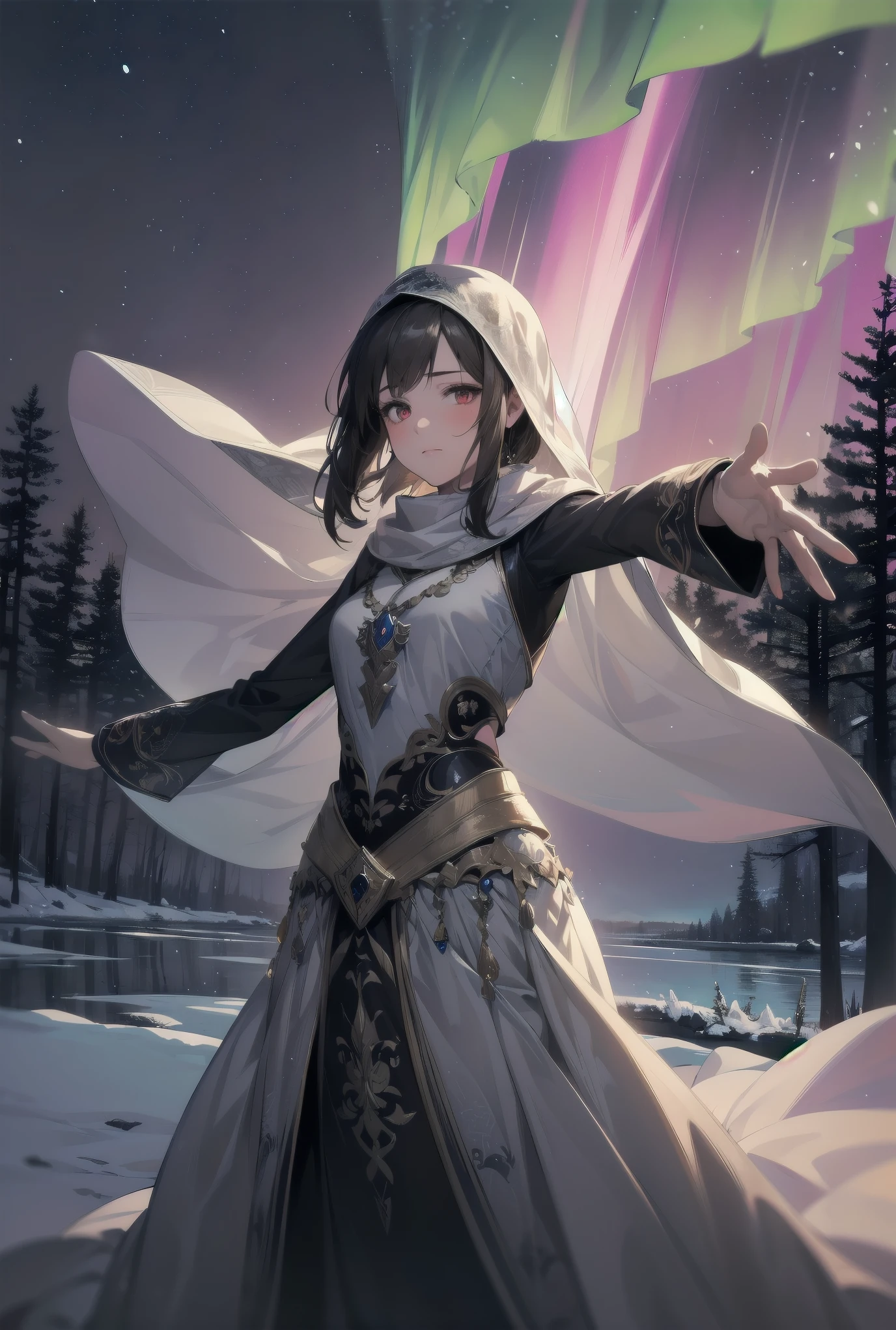 (Female): alone, (perfect face), (detailed costume), (), traveller, (very pretty), curious, observing expression, (outstretched arms), brown hair, bob cut, side ponytail, red eyes, light skin, medium bust, (Arabic dress), (headscarf), (veil) ( Background): front view, tundra, frozen plain, snow covered trees, frozen lake, aurora borealis, night, transparent (Effects): (Masterpiece), (Top quality), (Sharp focus), (Depth of field), (High resolution), artistic realistic illustration, fantasy effects, steam, seven-colour fluorescent luminous particles group
