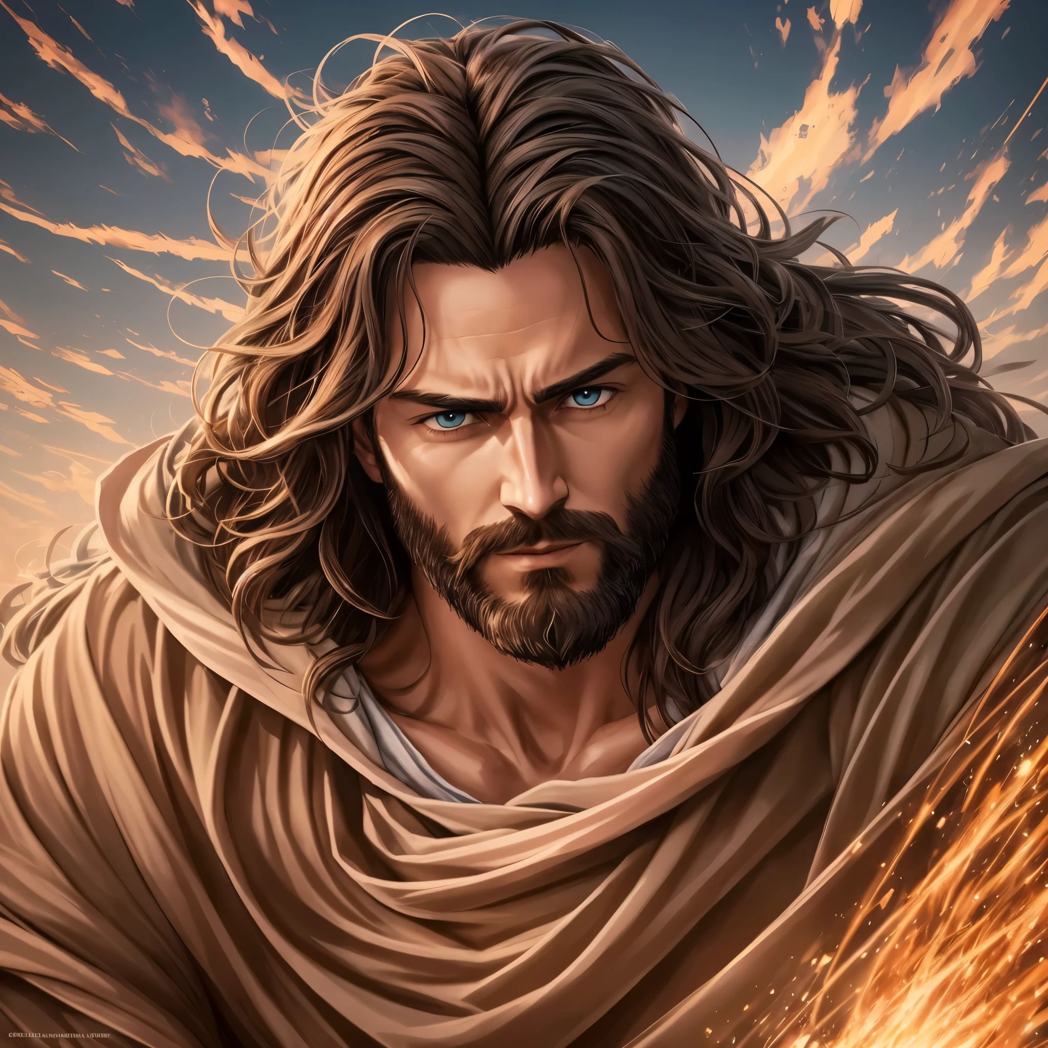 bearded、Close up of a man in a cloak, stainley art germ, Magnificent portrait illustration, art germ portrait, epic full color illustration, portrait of Jesus Christ, Jesus Christ going super saiyan, Art Germ and Genzoman, art germ jsc, アルトジャーム・greg・ルトコウスキー _ greg, fan art, Jesus Christ