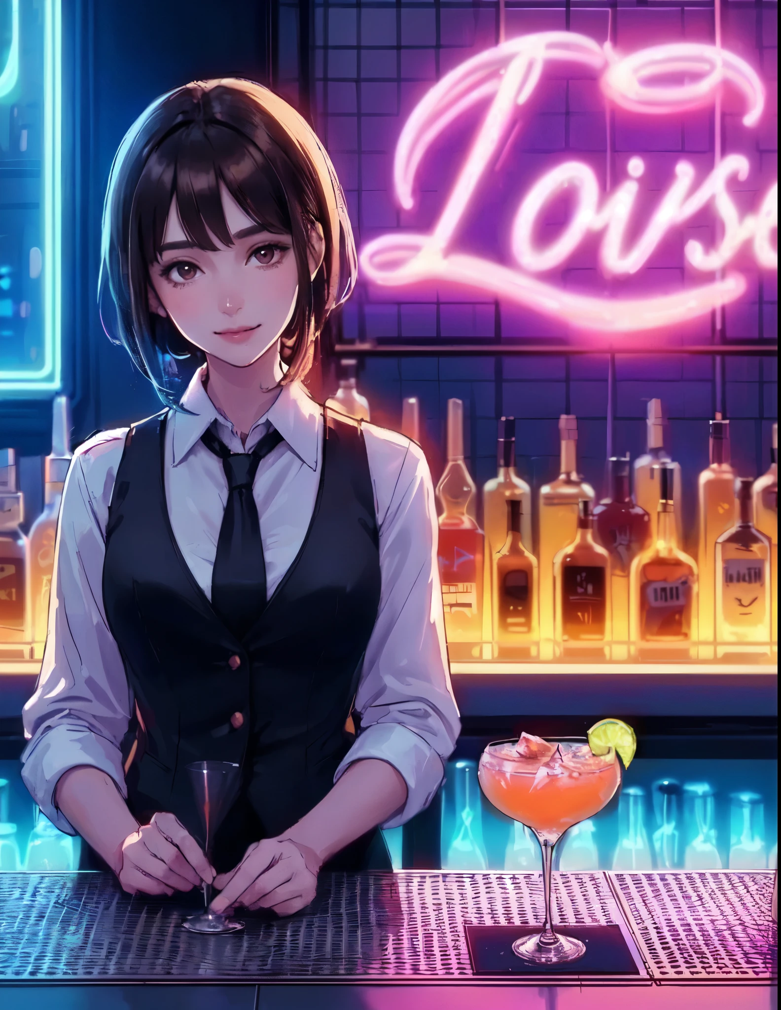 1lady solo, standing, bartender, (black vest over white dress shirt) tie, stylish outfit, mature female, /(dark brown hair/), (light smile:0.6), (masterpiece best quality:1.2) delicate illustration ultra-detailed, medium breasts BREAK ((colorful neon signs:1.2 on wall), (neon tube) glowing BREAK (fashionable bar counter) indoors, ((cocktail glass) filled with colorful liquor), (dimly lit room), liquor bottles, detailed background