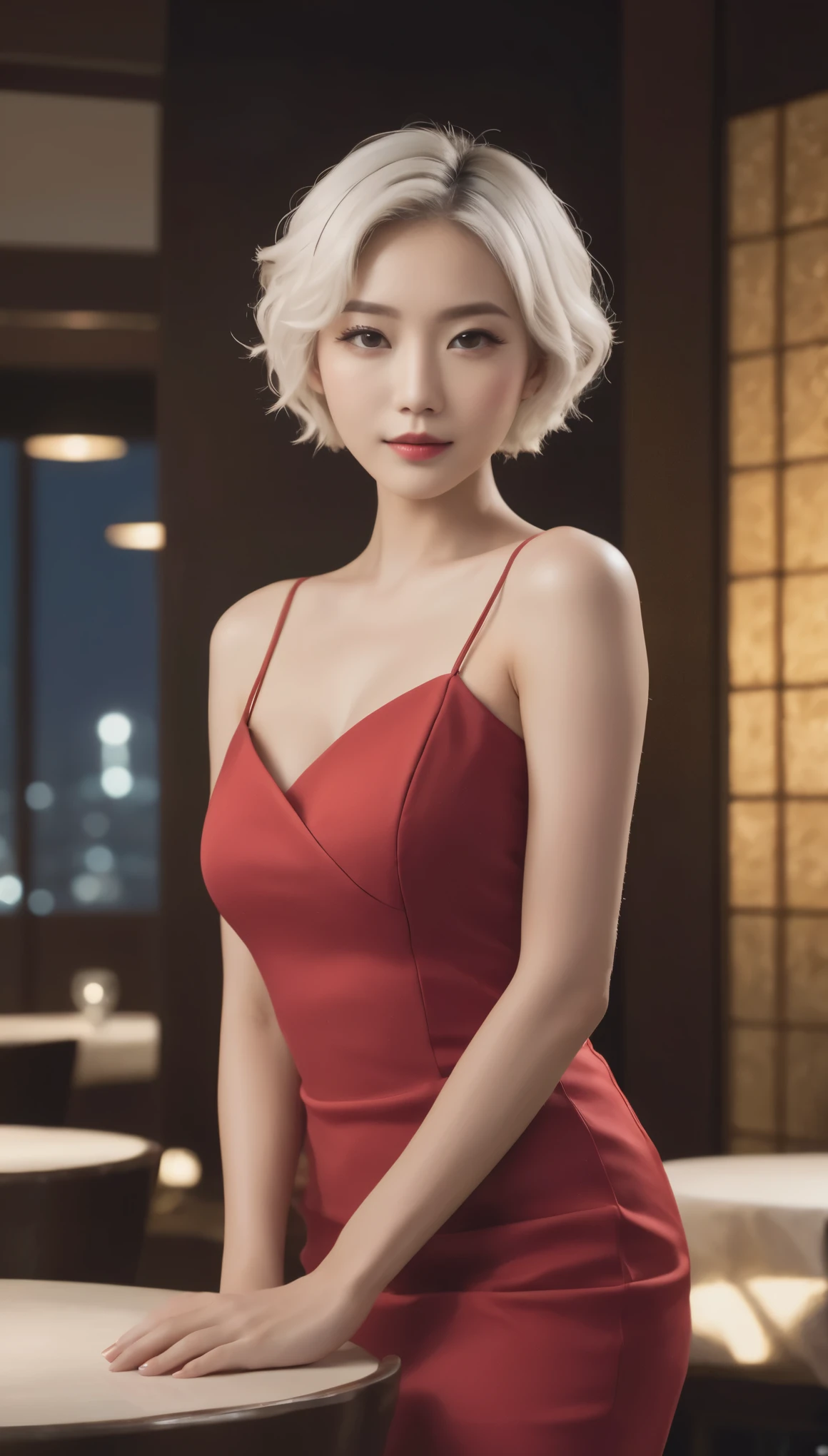 A good-looking Japanese woman with short hair, white hair, curls, dressed in a red dress, wearing high heels. The picture resolution is sharp, the lighting is sharp, the shadows are sharp, the standing poses have a natural looking model's face, in a luxurious restaurant location. At night there are golden curtains.