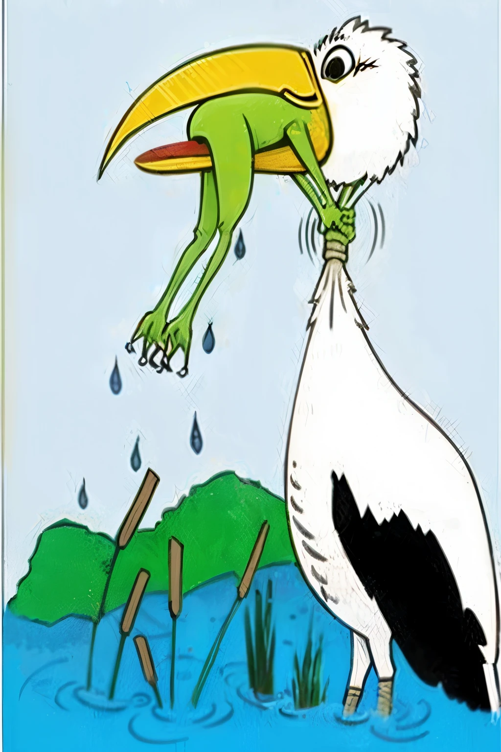 Cartoon illustration of a bird carrying a frog on its back, big beak, Victor Noble Rainbird, one big beak, Nickname, exemplary!!, Odysseus Pascali(Odhise Paskali), environment, Beware of the Jubjub Bird, Tibor Erno(Ernö Tibor), duck tour, enlargement!!!!!!, Slobodan Pejic(Free Pejic)