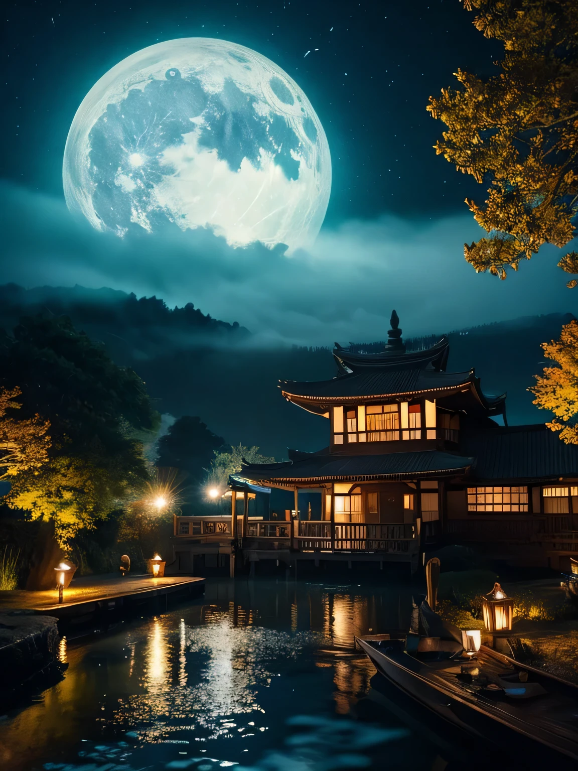 landscape,  night, flower, garden, starry sky, constellation, View, water,meteor, cosmic, particle, fair, ((big moon)) (highest quality,High resolution,masterpiece:1.2),japanese landscape、fantasy、super delicate、Super detailed、16k.realistic、Houses from the Edo period、The light of the house lights up。lantern light、cityscape、stream、wooden boat、Willows line up in the stream、
contrast lighting,fine wood texture,dark atmosphere,Bright colors,sharp focus,long shadow,creepy themed,hidden secret,mysterious aura,dramatic composition,Detail-rich environment,Fascinating story,heroic、faint smoke,night scene,thick fog,Interaction of light and shadow,Creepy Presence,adventurous spirit,mysterious element,Suspense Mood,dynamic action,sparkling reflections,fantasy atmosphere,impressive architecture,gothic style,fantasy setting