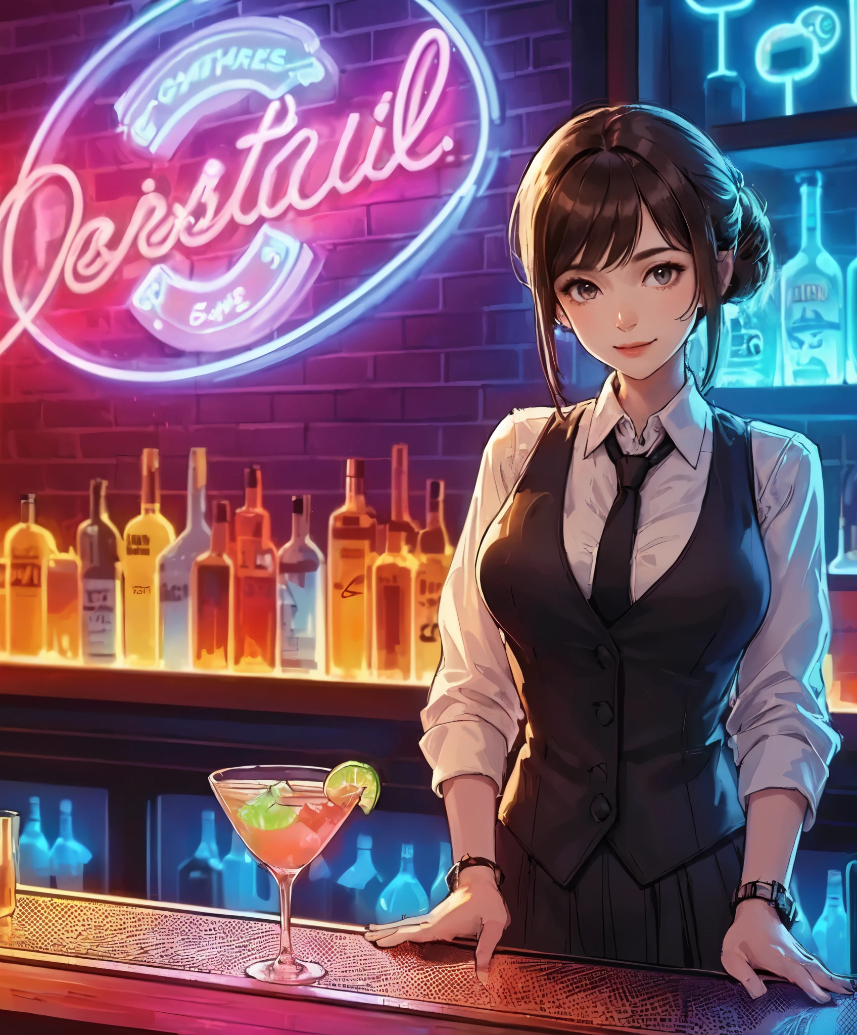 1lady solo, standing, bartender, (black vest over white dress shirt) tie, stylish outfit, mature female, /(black hair/), (light smile:0.8), (masterpiece best quality:1.2) delicate illustration ultra-detailed, medium breasts BREAK ((colorful neon signs:1.2 on wall), (neon tube) glowing BREAK (fashionable bar counter) indoors, ((cocktail glass) filled with colorful liquor), (dimly lit room), liquor bottles, detailed background
