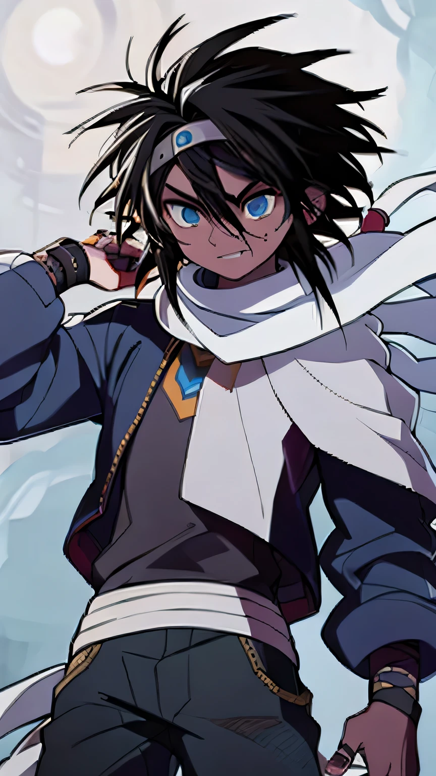 , dark skin, black hair, messy hair, blue eyes, long-sleeved shirt, sweatpants, white headband
