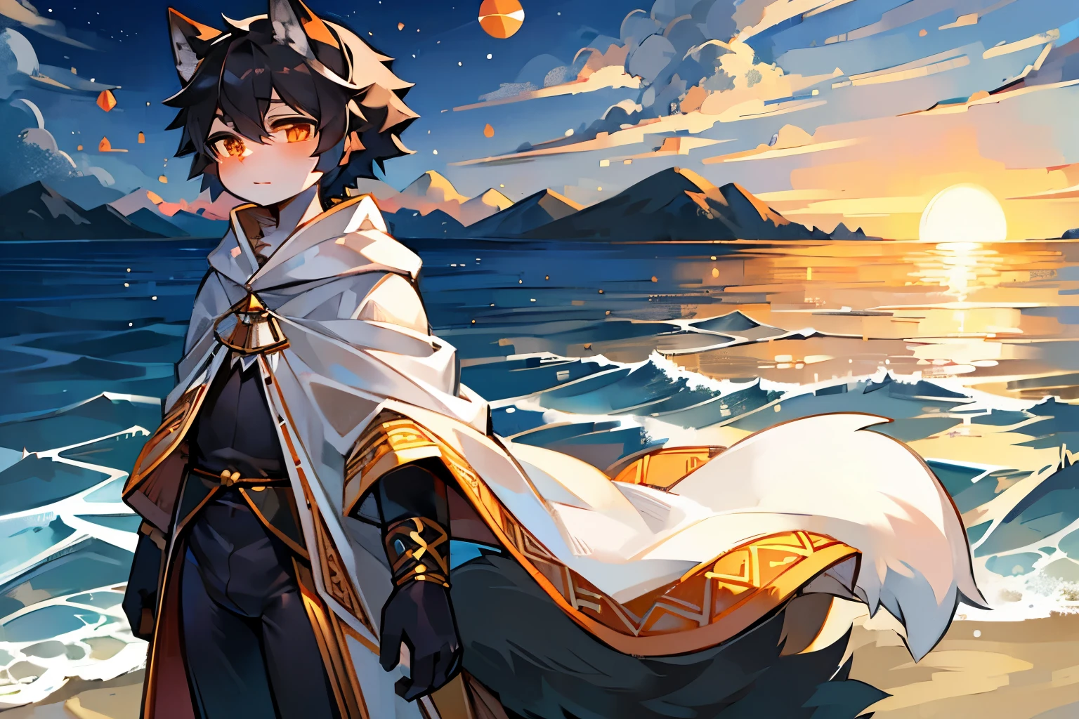 A black-haired wolf,Orange pupils,white robe,orange decoration,seaside,beach,sea,vast sky,flowing robe,Lovely shota,white skin,站在beach上,sunset,Dusky sky,面对sea,short hair,蓬松的black tail,Orange texture,headgear,knight,orange color shirt,black tail,white cloak