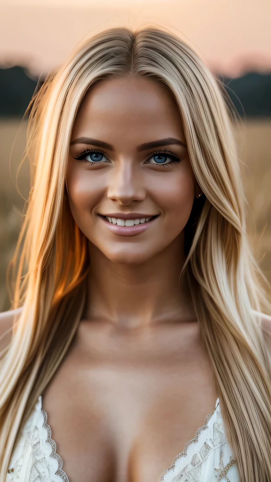 Hyper realistic and detailed full body photo of one young smiling blonde beautiful a woman. Orange Cloudy Sunset. Sharp light. perfect eyes, (Eye makeup:1.1), (highly detailed skin:1.1), RAW, analog style, sharp focus, 8k UHD, DSLR, high quality, Fujifilm XT3, grain, award winning, masterpiece.