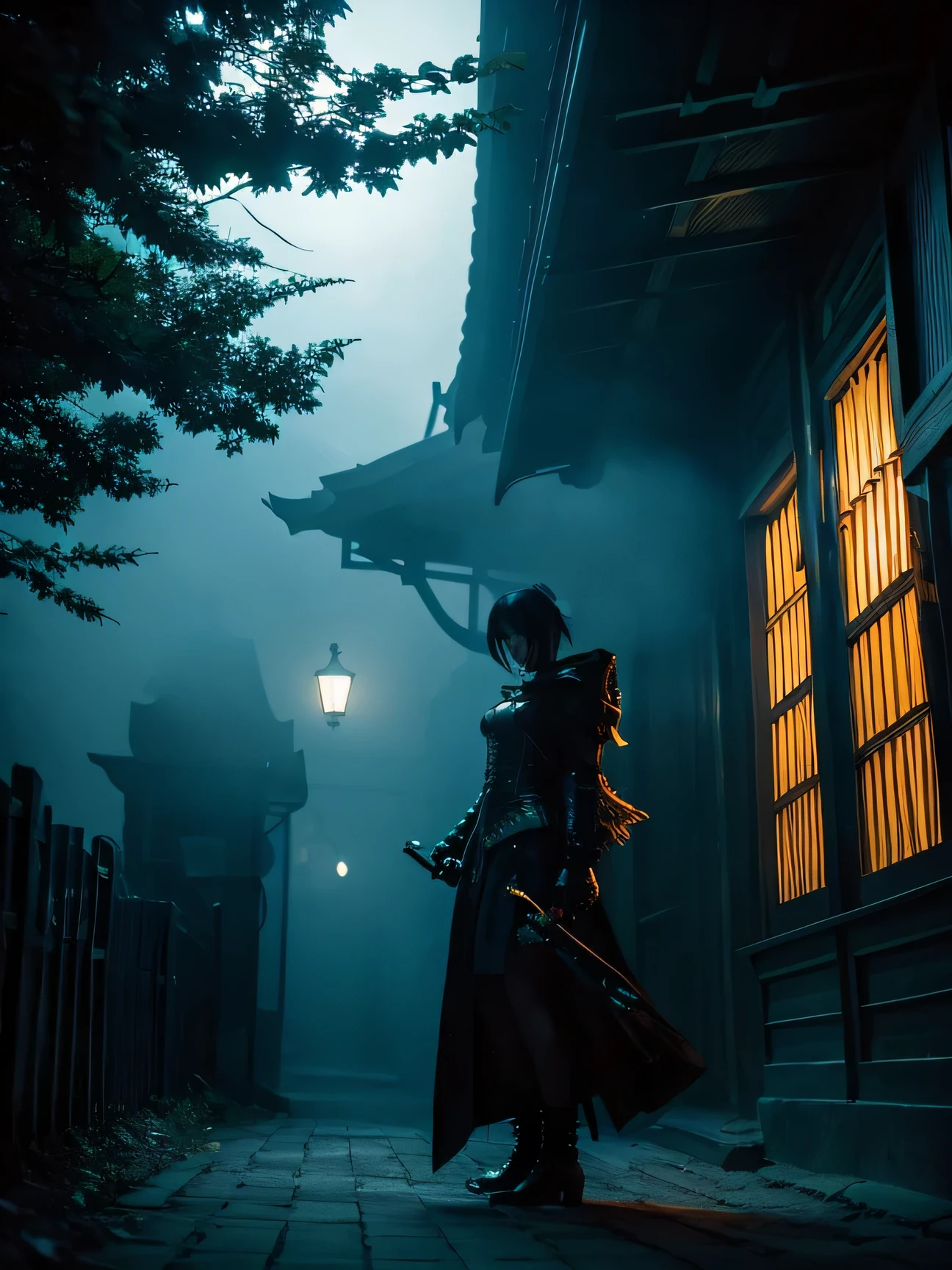 cyber punk、(highest quality,High resolution,masterpiece:1.2),Dark wood Japanese style house、,( big orange moon、2.0)((big wisteria tree in the garden、light in the dark night、fantasy、fog))swaying in the wind。contrast lighting,fine wood texture,dark atmosphere,Bright colors,sharp focus,long shadow,creepy themed,hidden secret,mysterious aura,dramatic composition,Detail-rich environment,Fascinating story,heroic pose,faint smoke,night scene,dark fog,Interaction of light and shadow,Creepy Presence,adventurous spirit,mysterious element,Suspense Mood,dynamic action,sparkling reflections,fantasy atmosphere,impressive architecture,gothic style,fantasy setting.