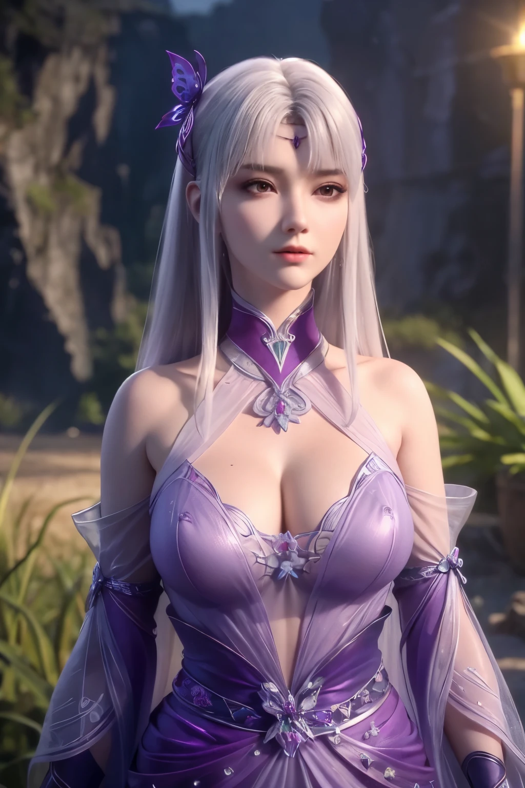 realistic, photorealistic, Masterpiece, absurdres, fine detail, HDR, detailed hand anatomy, highly detailed face and eyes, (8k, best quality, masterpiece:1.2), ultra-detailed, extremely detailed cg 8k wallpaper,fashion,(crystalstexture skin:1.2),(extremely delicate and beautiful),(masterpiece, best quality:1.2),1girl, solo, narrow waist, wide hips, (large breasts:1.2),long hair, (looking at viewer:1.2), natural lighting, fantasy, dreamlike, unreal, science fiction, detail, delicate pattern, charming, alluring, enchanting, hair ornament, fairydoctor, full body, dream, purple butterflies, glowing butterflies, sexy pose, night, (neon butterflies:1.1), purple neon butterflies