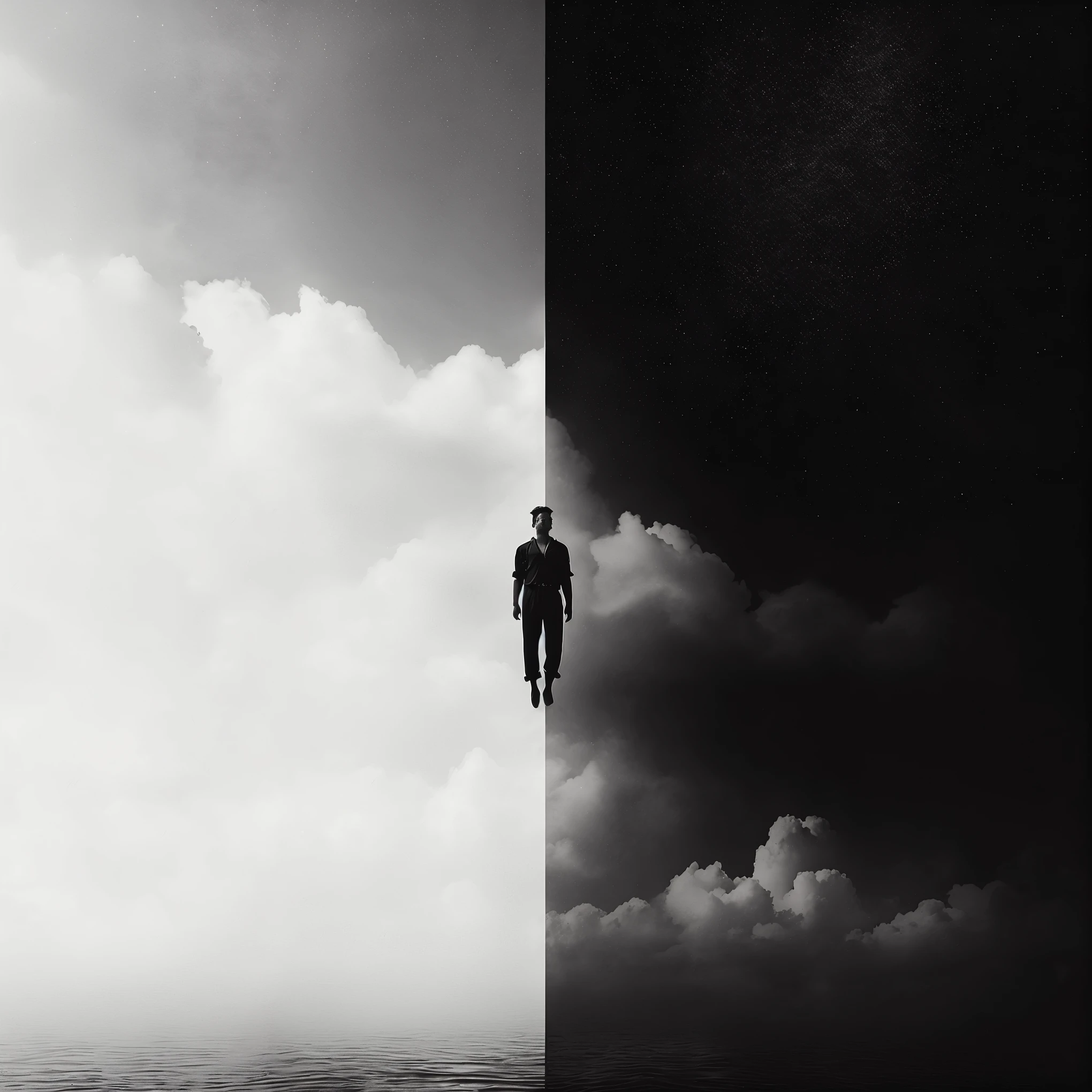 There is a man flying in the clouds, surreal photo, Compared. surreal, There are two sides to the story, Black and white art photo, amazing Compareding background, light and darkness separate, black and white images, surreal photography, black and white, high Compared of light and dark, surreal composition, endless, Dramatic black and white