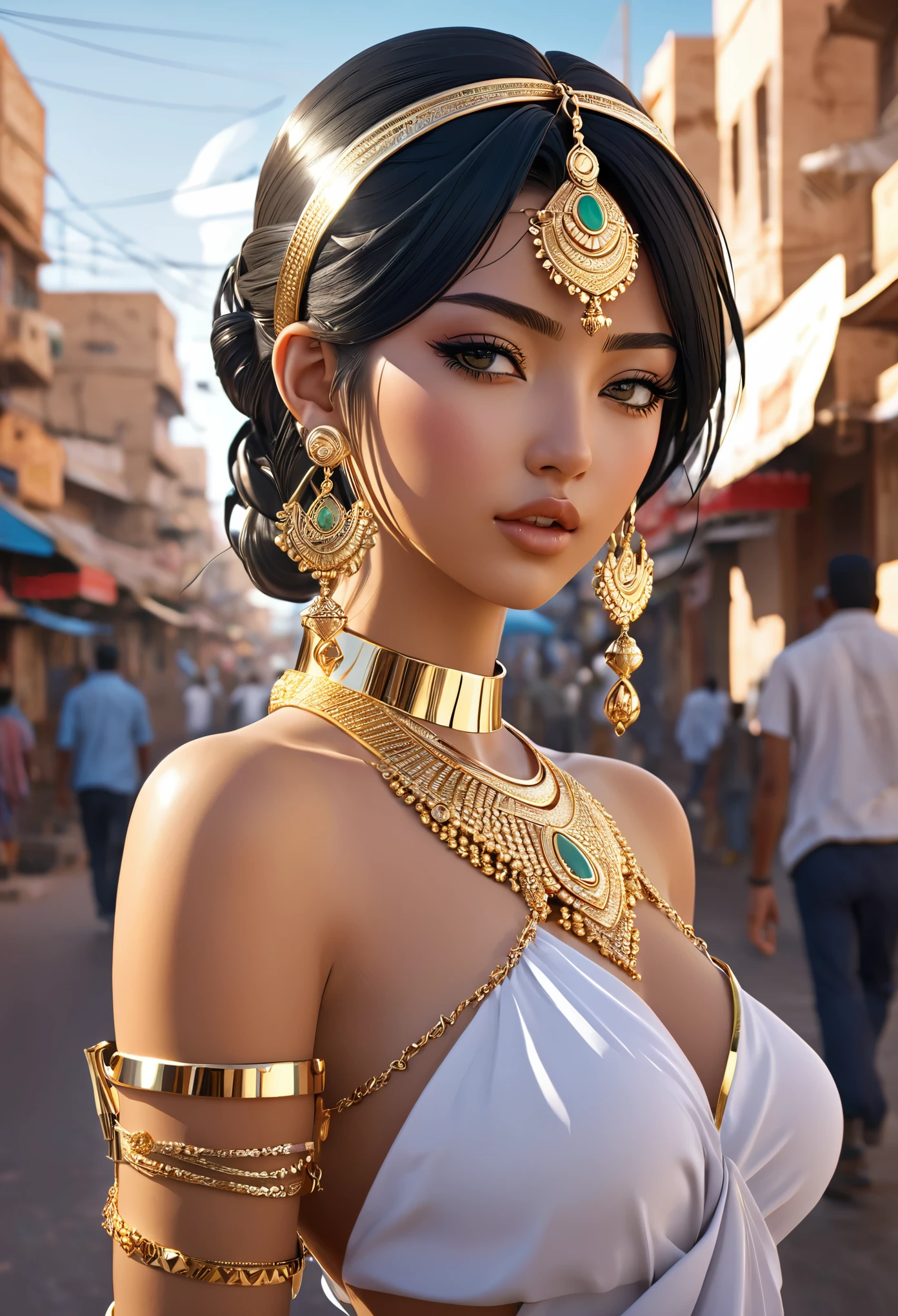 8k wallpaper of a beautiful anime girl wearing gold jewelry on the streets of a city in Western Sahara, Written by Artgerm, complex detail, trend on ArtStation, 8k, smooth movement, amazing shading