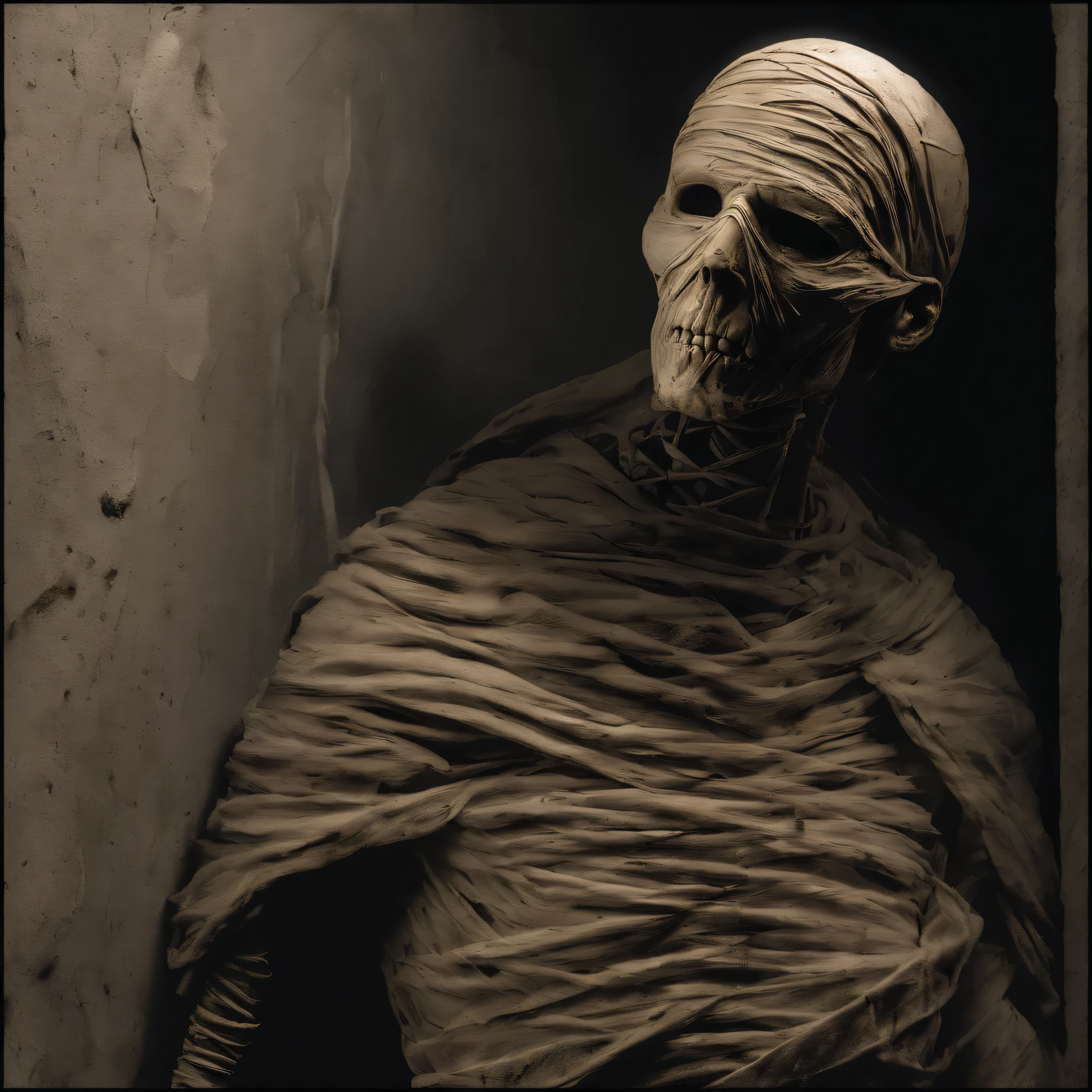 A standard statue mummy covered in dirty white bandages stands, wearing a flowing black robe. The mummy's eyes are hollow and sunken, emitting a faint eerie glow. The bandages wrap tightly around its body, revealing only the outline of its bony face and bony hands. The bandages show signs of wear and tear, with small patches of dirt and dust scattered across them. The mummy's black robe flutters, revealing glimpses of the bandages beneath. The lighting is set to a global studio setting, bathing the mummy in a soft, diffuse glow. The background is a blank, black poster. The medium used to create this artwork is a clay render 3D model, giving the mummy a realistic yet stylized appearance. The overall image quality is of the best quality, ensuring every detail is captured flawlessly. The mummy is set against a stark contrast of vivid colors, emphasizing its presence in the scene. The lighting accentuates the texture of the bandages and highlights the intricate details of the mummy's skeletal structure.