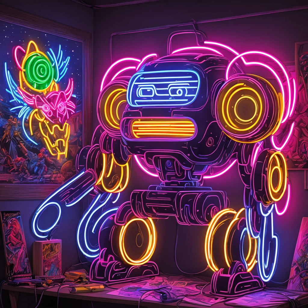 Neon Sign, PENeonSign, neon sign, glowing, colorful, Neon Sign as a Robot by Jan Konůpek, Wayne Barlowe, Bruce Pennington, donato giancola, larry elmore, oil on canvas, masterpiece, trending on artstation, featured on pix