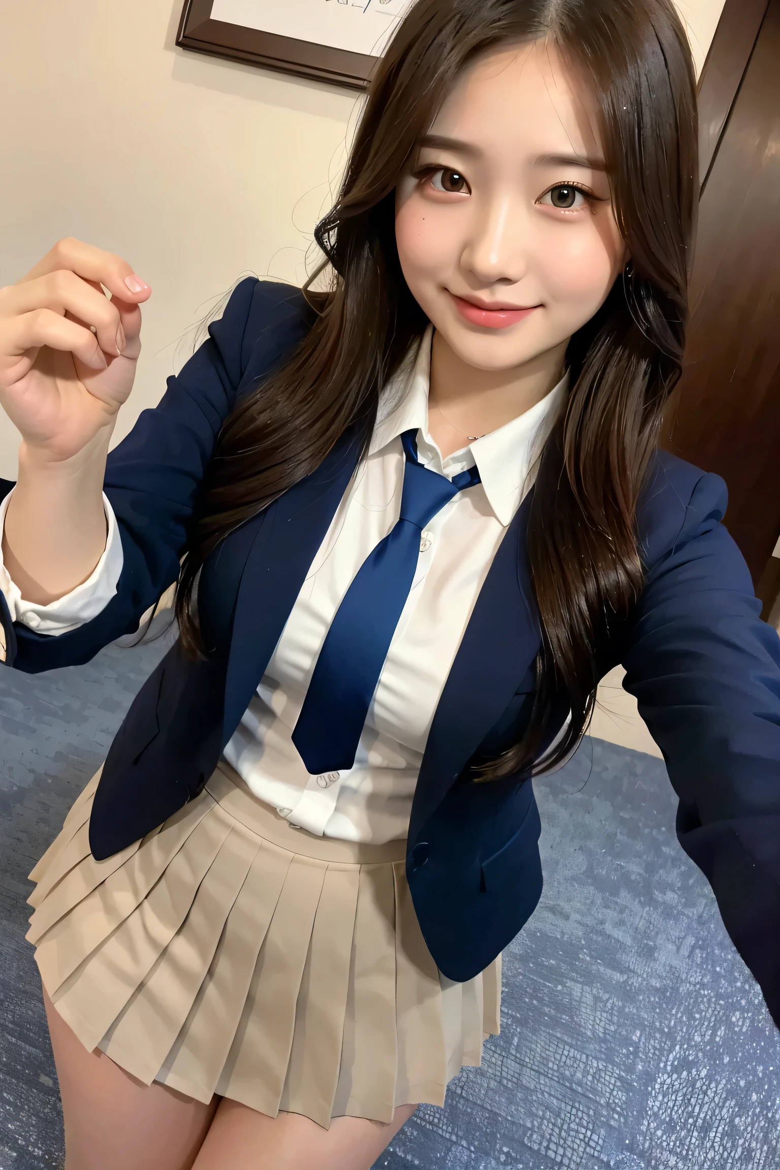 (8k), (highest quality: 1.2), (realistic), (realistic: 1.37), ultra high resolution, 1 girl, cute, smile, closed mouth, beautiful details, beautiful nose, wet hair, giant dulcefo, pork, thighs，selfie,College student uniform,simple blazer,pleated skirt,Standing,opaque tights, booty pose 