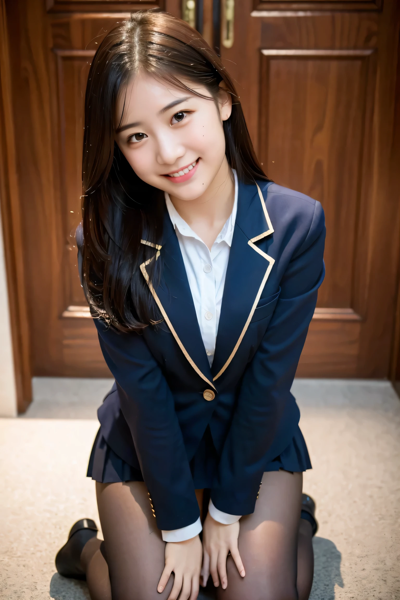 (8k), (highest quality: 1.2), (realistic), (realistic: 1.37), ultra high resolution, 1 girl, cute, smile, closed mouth, beautiful details, beautiful nose, wet hair, giant dulcefo, pork, thighs，selfie,College student uniform,simple blazer,pleated skirt,opaque tights,crawling position