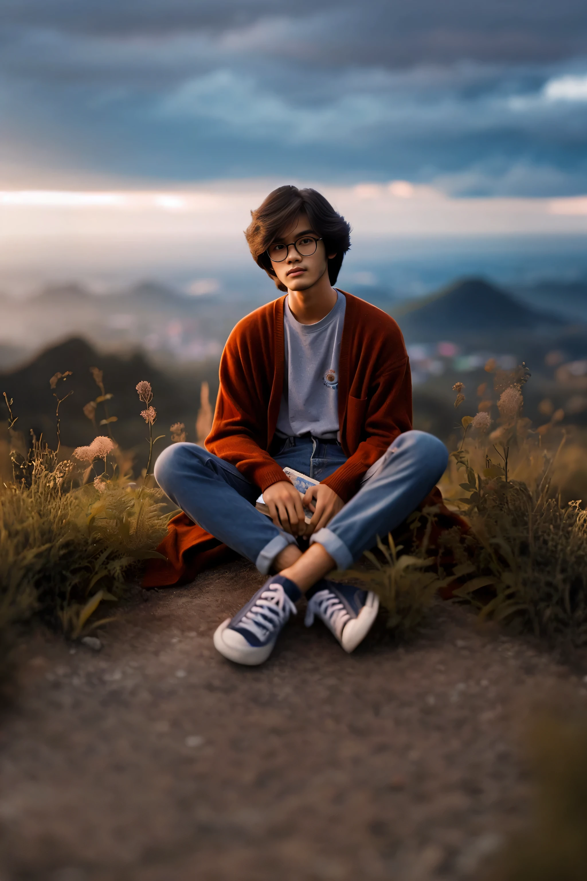 there is a man sitting on a hill with his feet crossed, high quality portrait, sitting on the ground, sitting cutely on a mountain, matte painting portrait shot, 8k artistic portrait photography, portrait shot, mid shot portrait, color photograph portrait 4k, casual photography, full body portrait shot, soft portrait shot 8 k, portrait shot 8 k, color portrait