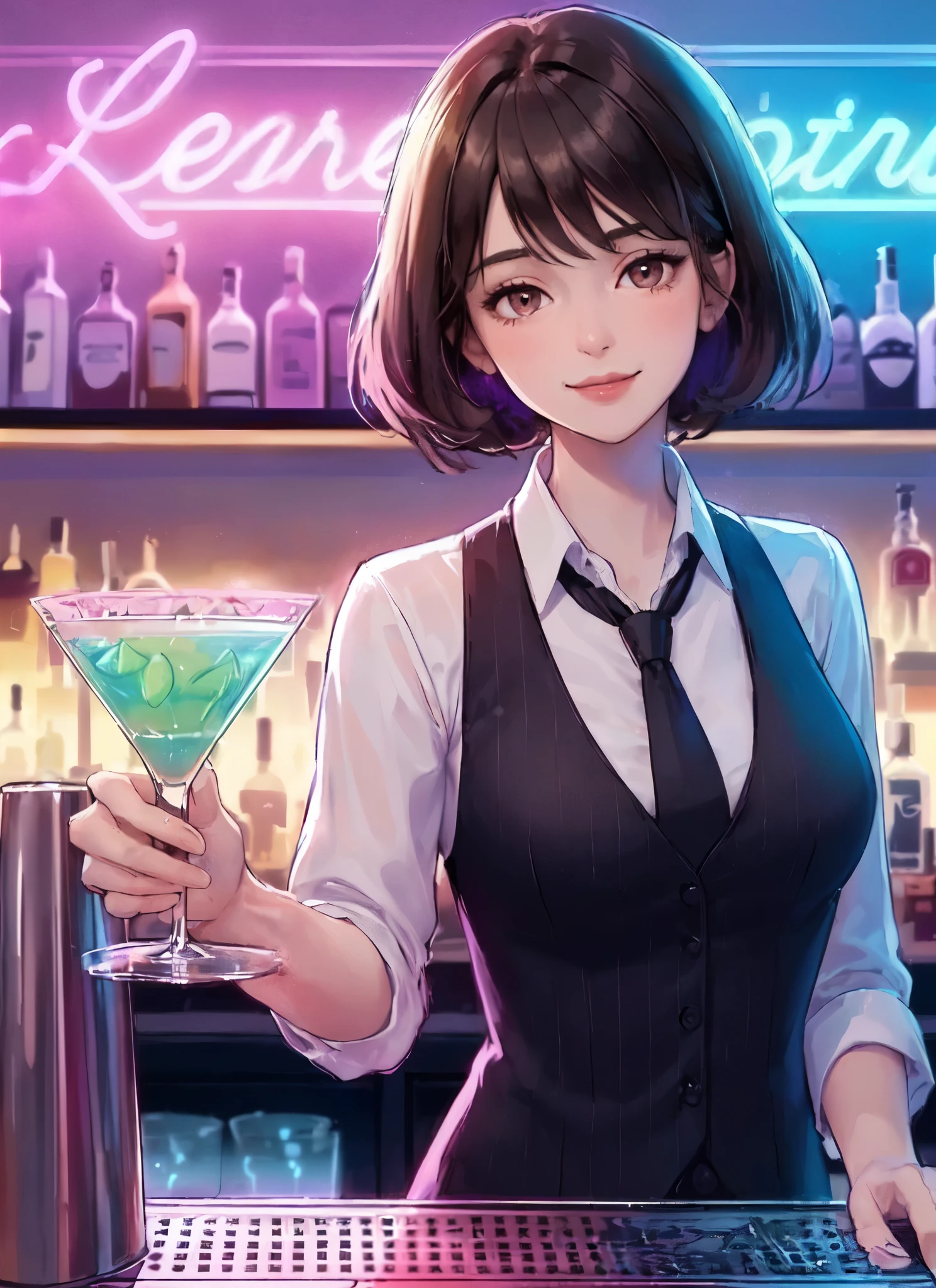 1lady standing, (holding up cocktail glass) (presenting cocktail glass toward viewers), bartender, (black vest over white dress shirt) tie, stylish outfit, mature female, /(black hair/), kind smile, (masterpiece best quality:1.2) delicate illustration ultra-detailed, medium breasts BREAK ((colorful neon signs:1.2 on wall), (neon tube) glowing BREAK (fashionable bar counter) indoors, ((cocktail glass) filled with colorful liquor), (dimly lit room), liquor bottles, detailed background
