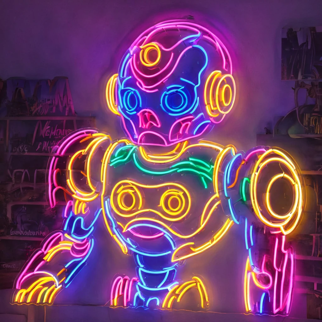 Neon Sign, PENeonSign, neon sign, glowing, colorful, Neon Sign as a Robot by Jan Konůpek, Wayne Barlowe, Bruce Pennington, donato giancola, larry elmore, oil on canvas, masterpiece, trending on artstation, featured on pix