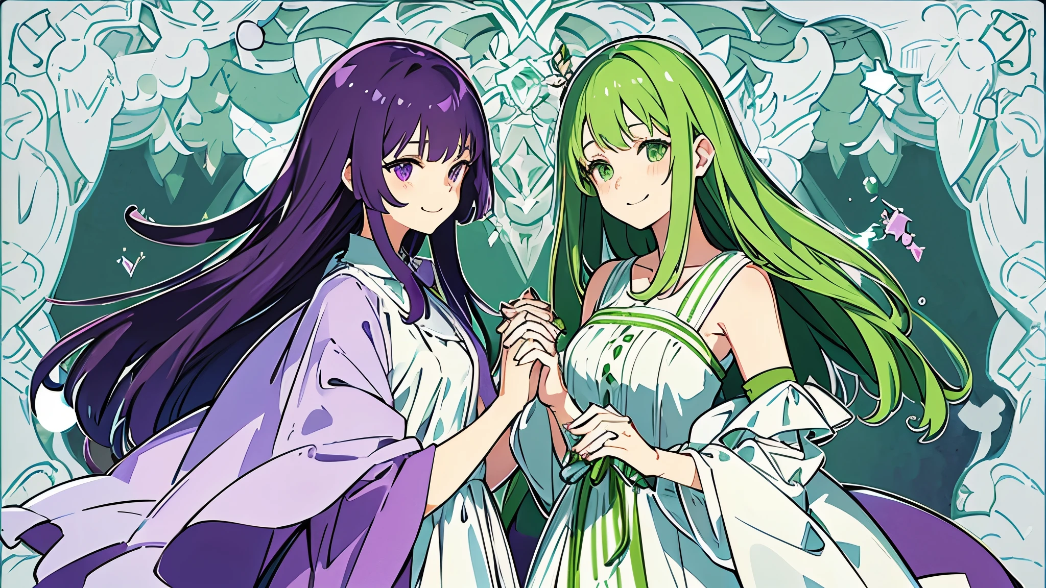 1 girl with green long hair green eyes and 1 girl with purple short hair purple eyes holding hands each other, white one piece dress, smiling, cozy green and purple side to side background with a simple pattern