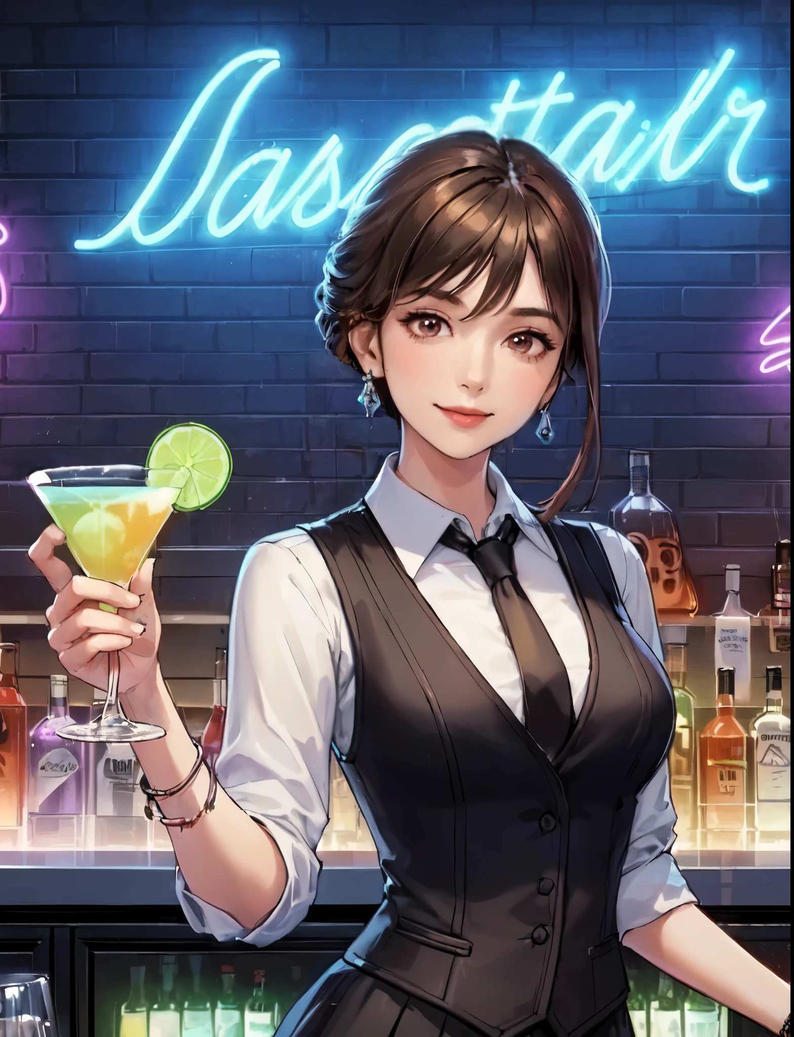 1lady standing, (holding up cocktail glass) (presenting cocktail glass toward viewers), bartender, (black vest over white dress shirt) tie, stylish outfit, mature female, /(dark brown hair/), kind smile, (masterpiece best quality:1.2) delicate illustration ultra-detailed, medium breasts BREAK ((colorful neon signs:1.2 on wall), (neon tube) glowing BREAK (fashionable bar counter) indoors, ((cocktail glass) filled with colorful liquor), (dimly lit room), liquor bottles, detailed background