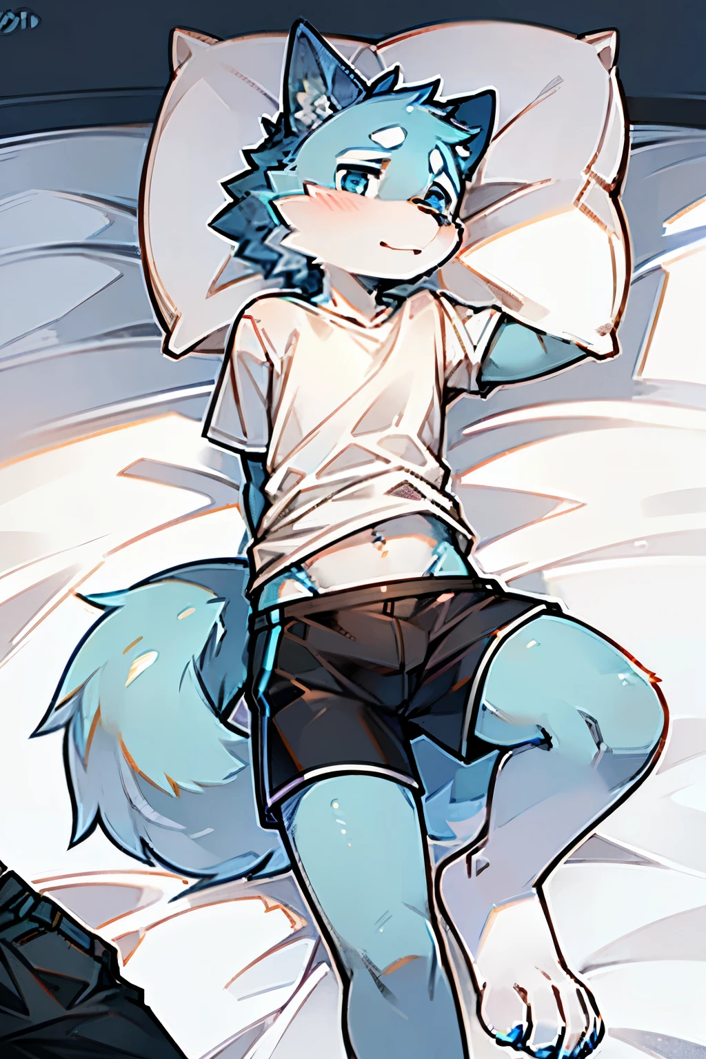 1 Chico, Wolf, blue fur, 年轻Wolf, blue eyes, no hair,masterpiece, Very detailed, White T-shirt,black shorts,Lying on crisp white sheets,shy,Japanese animation,cute。