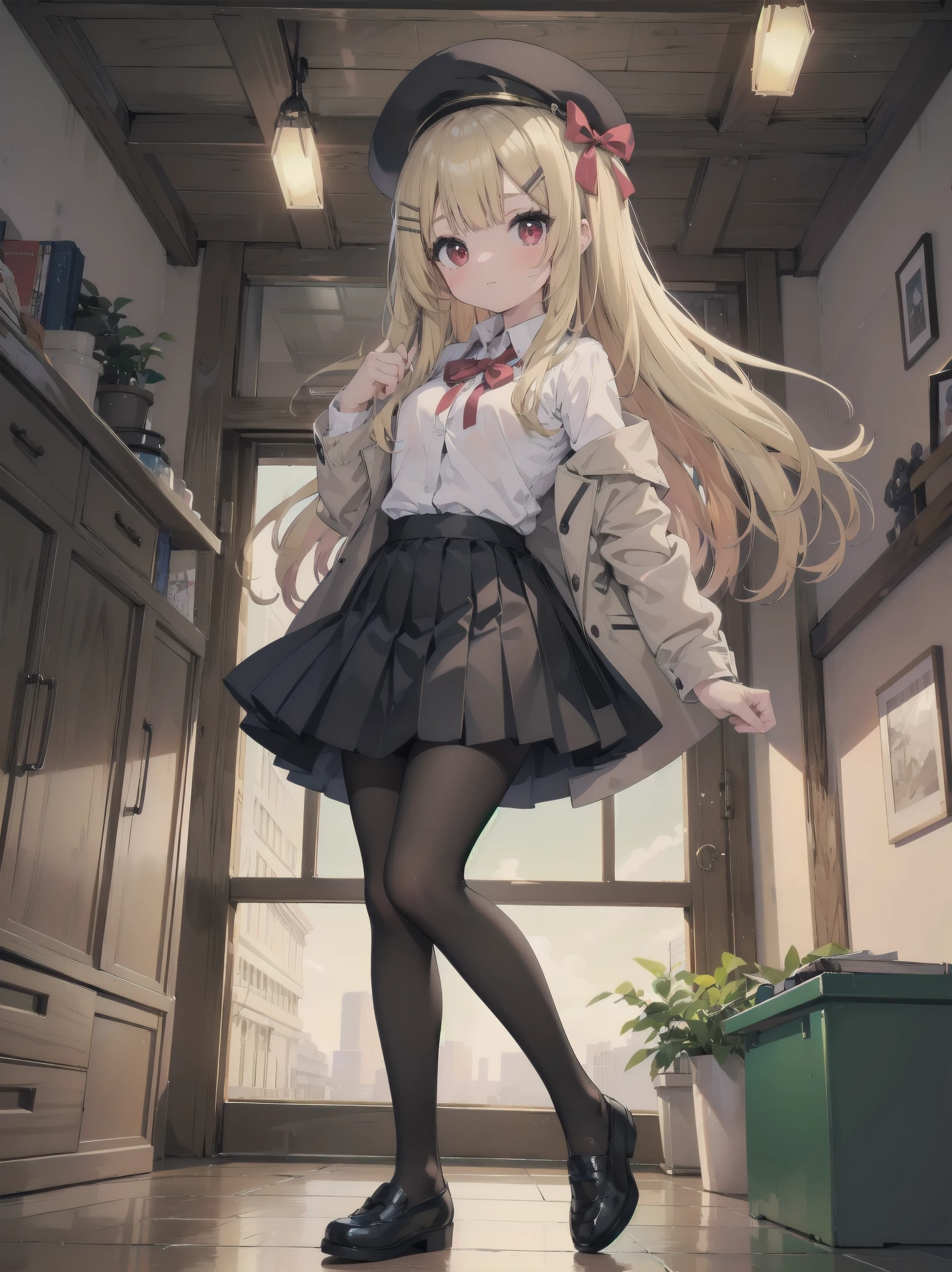 (Masterpiece: 1. 2), (Top quality: 1. 2), Anime girl, One, Blonde hair, Hair clip on right side of forelock, Black cap, Wine red eyes, White female shirt, Brand grey blazer, Small red ribbon across chest, Office clothes, One size larger shirt, Checked priss skirt, Black tights, tights with fine detail, full body, large breasts, front view, alone, bruised and super cute