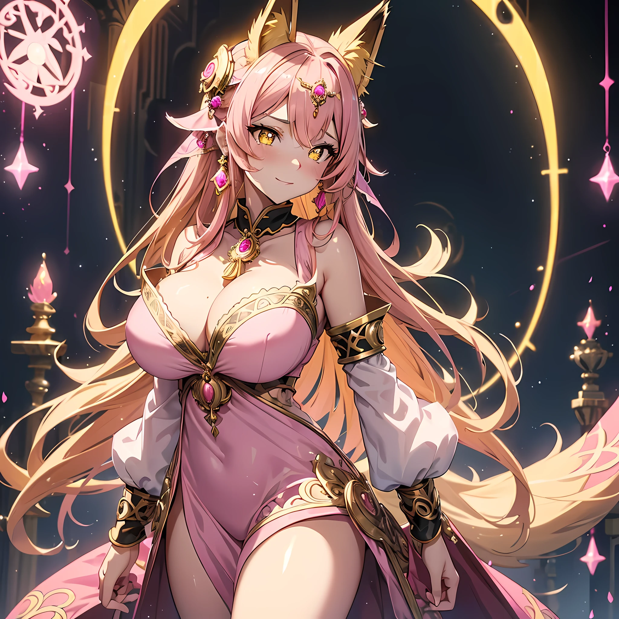 (masterpiece), best quality, expressive eyes, perfect face,(fox girl, Fox ears, fox tail),light brown hair,(glowing yellow pupils),(huge breasts:1.2),cleavage,(priest:1.2),(pink and yellow ornate clothes:1.5),crystal pendant,circlet,earrings,armlets,bracelets,bashful smile,standing,sexy pose,ruins,(night:1.1),(starry sky 1:1),magic circles,holy magic