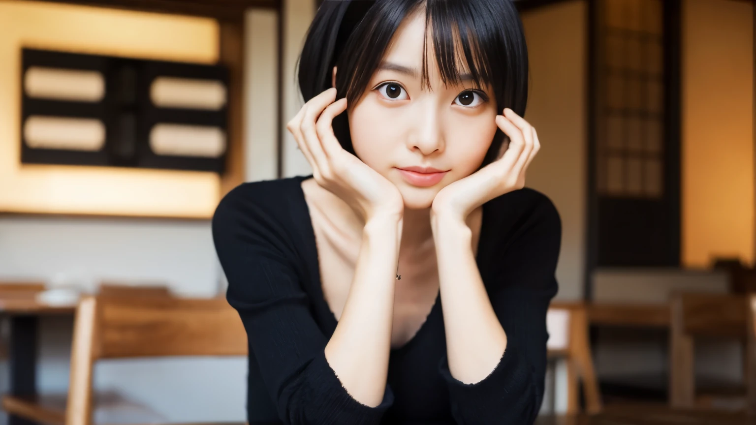 japanese woman, 28 years old, slender body shape, small breasts, very thin waist, beautiful face, beautiful eyes, black short hair, wearing a tight and short knit dress, sitting at a stylish cafe, 1 girl, alone, detailed face and eyes, small fingers and arms. full body photo. realistic, realistic.