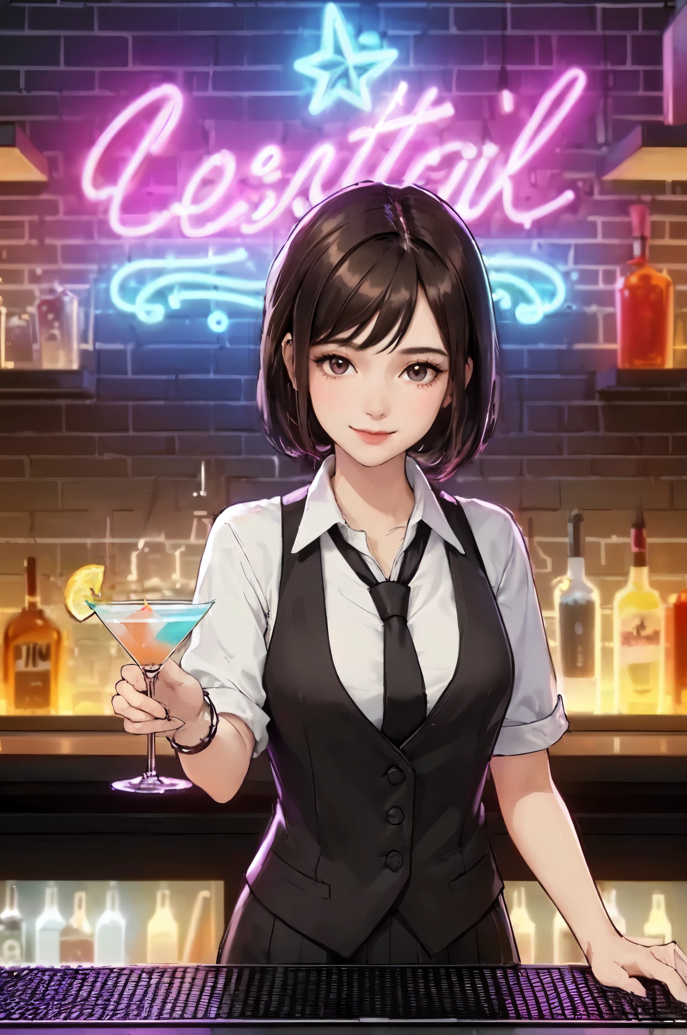 1lady standing, (holding up cocktail glass) (presenting cocktail glass toward viewers), bartender, (black vest over white dress shirt) tie, stylish outfit, mature female, /(black hair/), kind smile, (masterpiece best quality:1.2) delicate illustration ultra-detailed, medium breasts BREAK ((colorful neon signs:1.2 on wall), (neon tube) glowing BREAK (fashionable bar counter) indoors, ((cocktail glass) filled with colorful liquor), (dimly lit room), liquor bottles, detailed background