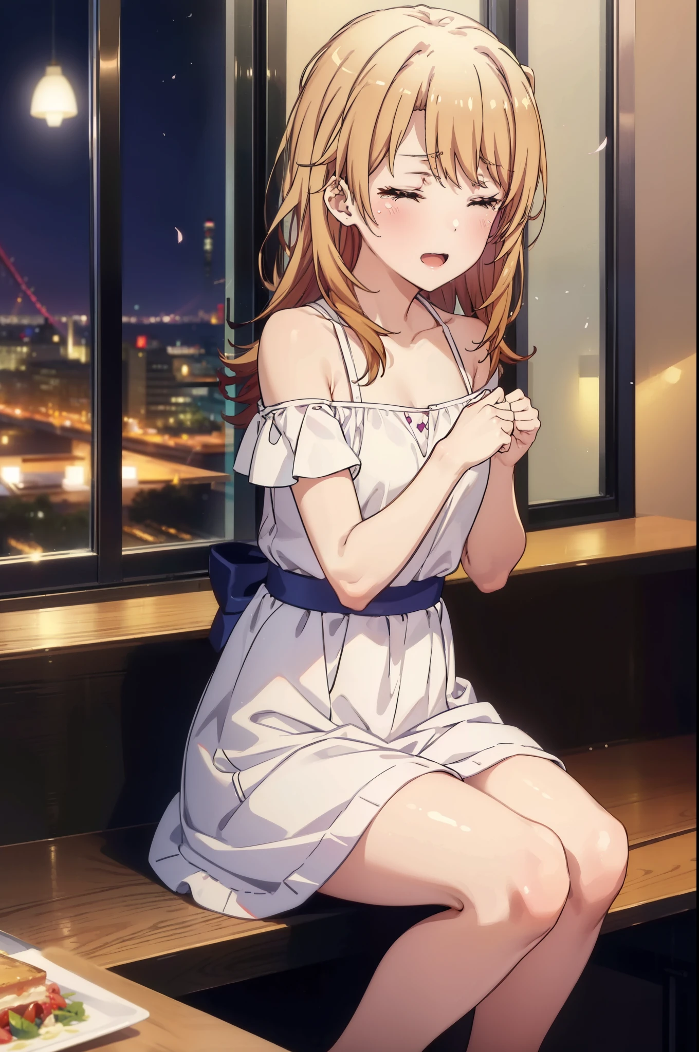 irohaisshiki, iroha isshiki, long hair, brown hair, smile,blush,open your mouth,close both eyes,tears run down her face,Crying with joy,cry a lot,white off shoulder dress,bare clavicle,bare shoulders,naked neck,long skirt,stiletto heels,A large cake, food, and ring case are placed on the table.,sitting in a chair,confetti,ロマンチックな雰囲気
break indoors, A restaurant with a beautiful night view,
break looking at viewer,
break (masterpiece:1.2), highest quality, High resolution, unity 8k wallpaper, (figure:0.8),  highly detailed face, perfect lighting, Very detailed CG, (perfect hands, perfect anatomy),