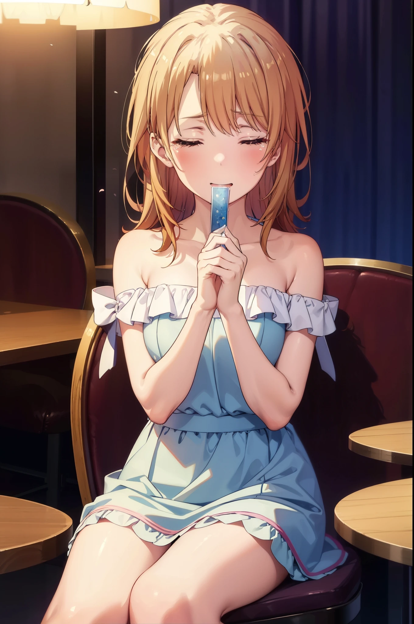 irohaisshiki, iroha isshiki, long hair, brown hair, smile,blush,open your mouth,close both eyes,tears run down her face,Crying with joy,cry a lot,white off shoulder dress,bare clavicle,bare shoulders,naked neck,long skirt,stiletto heels,A large cake, food, and ring case are placed on the table.,sitting in a chair,confetti,ロマンチックな雰囲気
break indoors, A restaurant with a beautiful night view,
break looking at viewer,
break (masterpiece:1.2), highest quality, High resolution, unity 8k wallpaper, (figure:0.8),  highly detailed face, perfect lighting, Very detailed CG, (perfect hands, perfect anatomy),