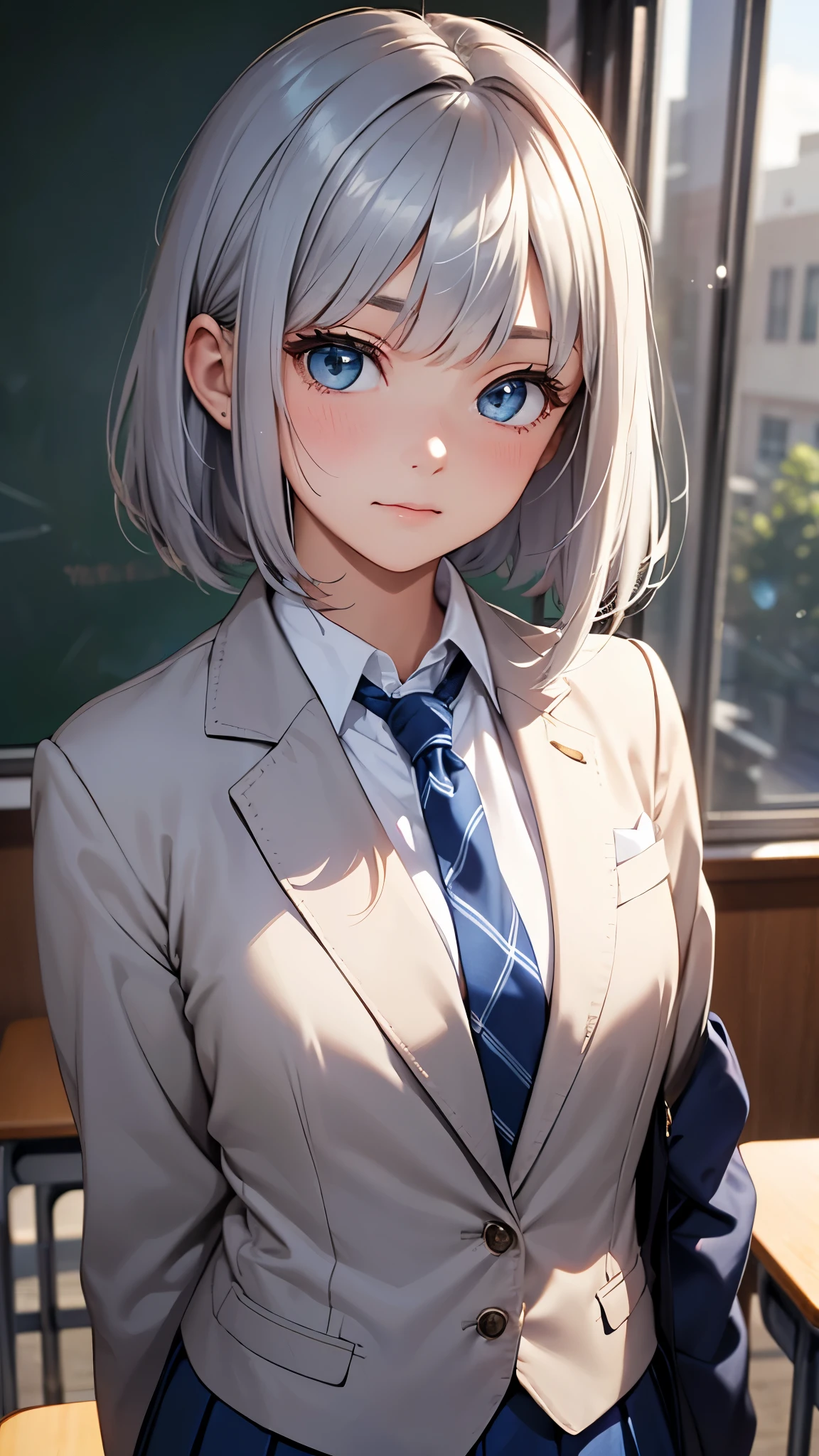 Best, highest quality, solo female, , silver hair, bob cut, bangs, (((cute high school girl))), (embarrassed), (school uniform), (((dark blue blazer))), tie, classroom, Blue eyes, sparkling eyes, wink, detailed eyes, small bust, (from waist to head), ((turn around)), (focus on face), aerial perspective, (transparent), (pure),